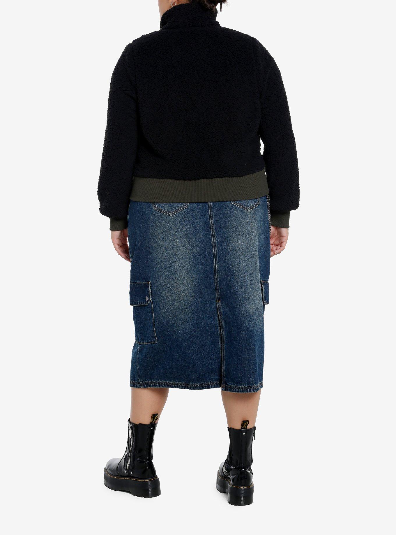 Social Collision Black Star Fuzzy Girls Crop Jacket Plus Size, BLACK, alternate