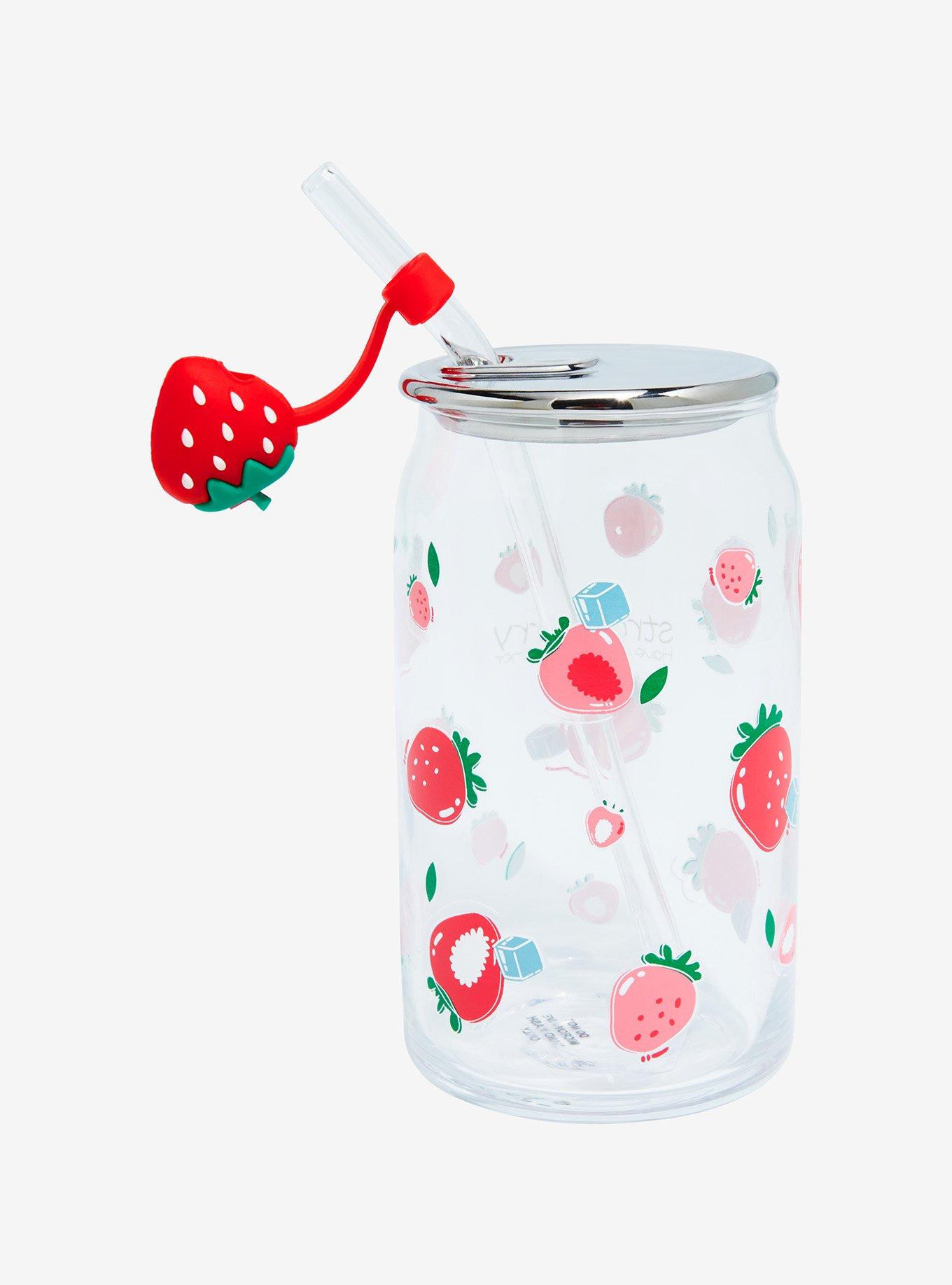 Strawberry Glass Soda Can Water Bottle With Straw, , alternate