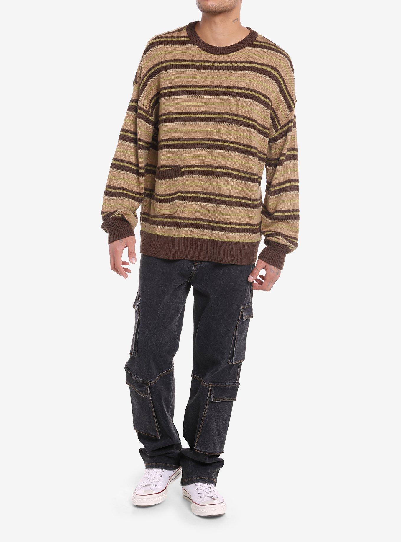 Brown Stripe Pocket Slouchy Knit Sweater, BROWN, alternate
