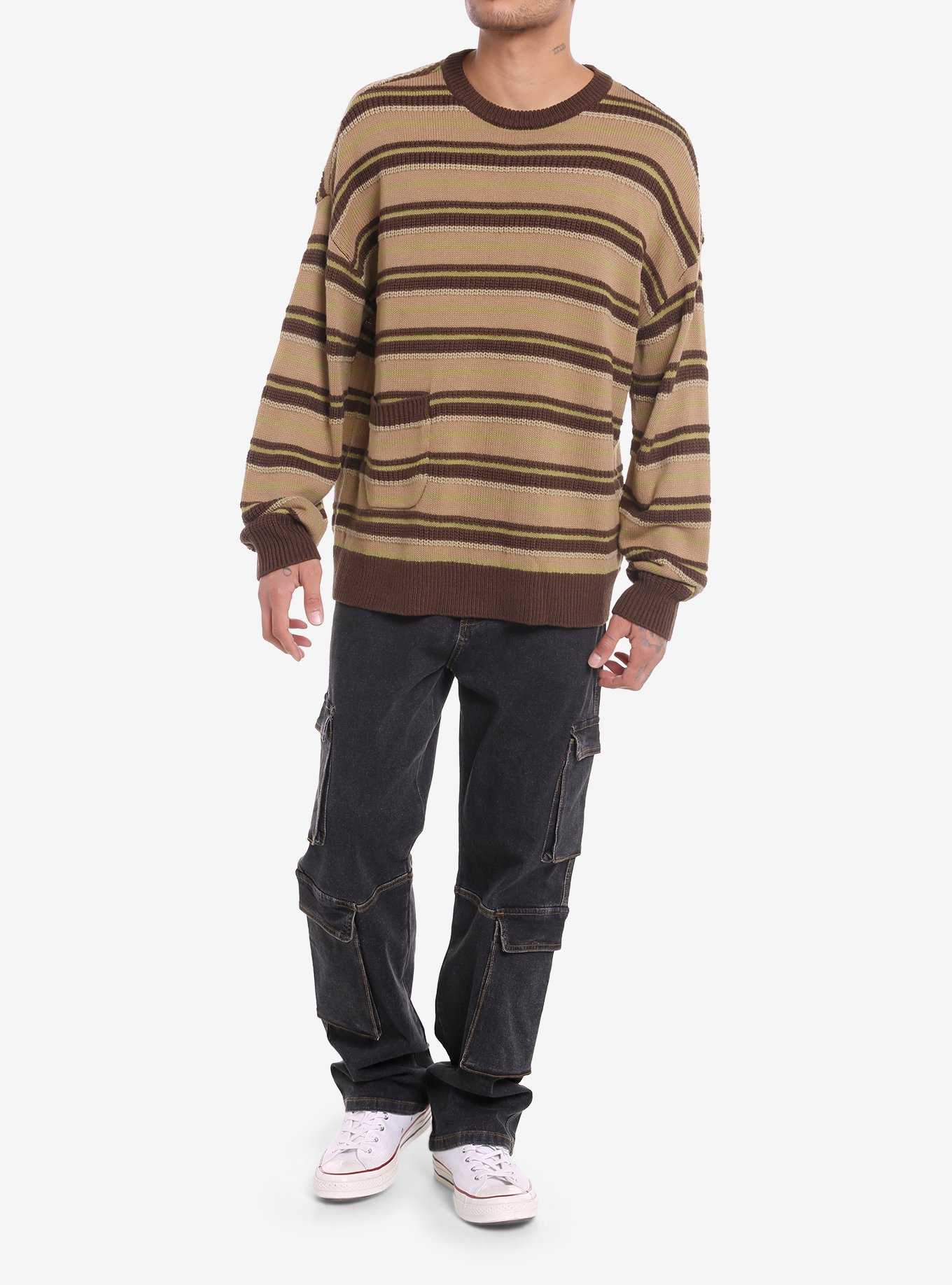 Brown Stripe Pocket Slouchy Knit Sweater, , hi-res