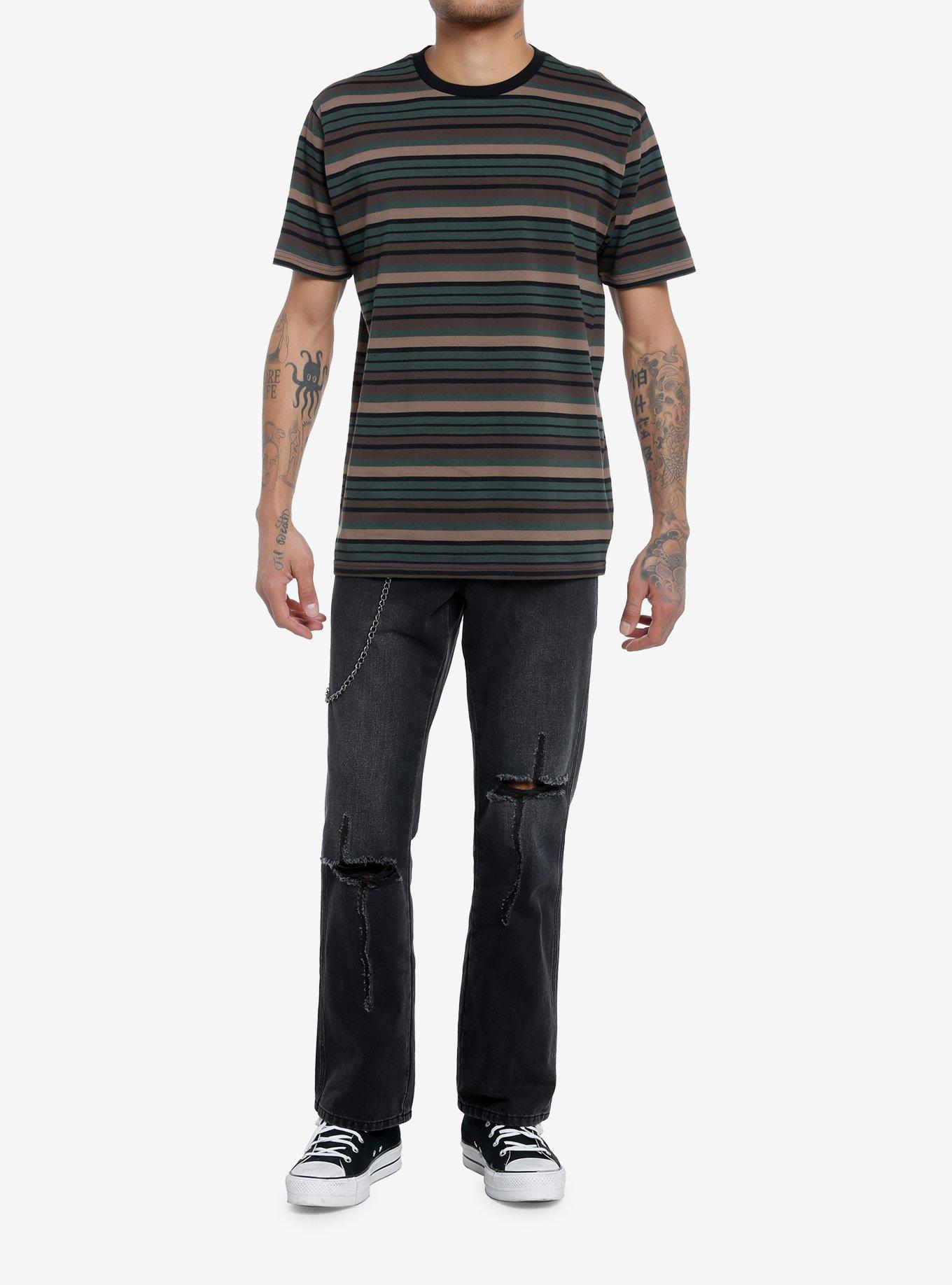 Thorn & Fable Brown & Dark Green Stripe T-Shirt, BROWN, alternate