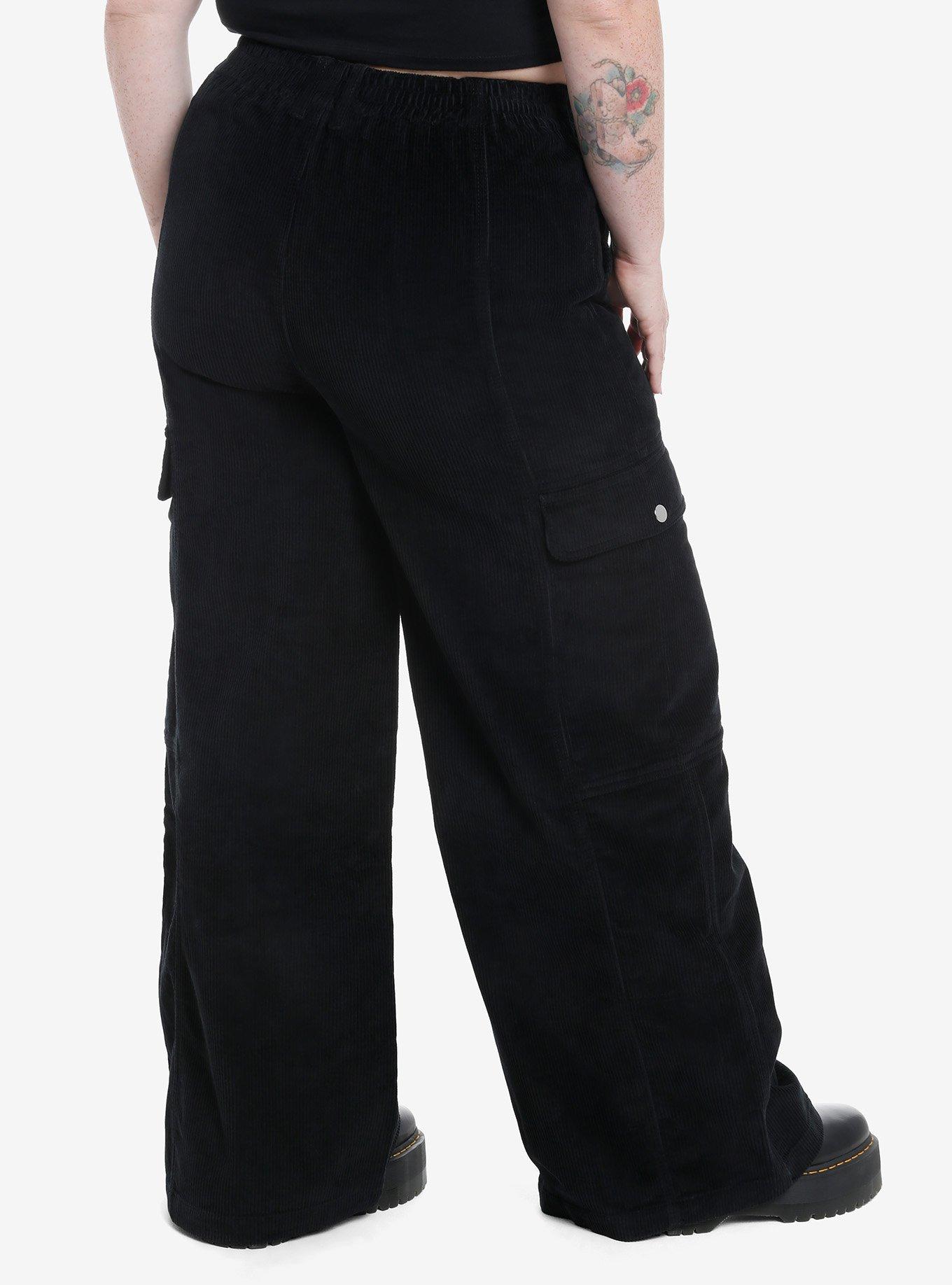 Black Corduroy Wide Leg Pants Plus Size, , alternate