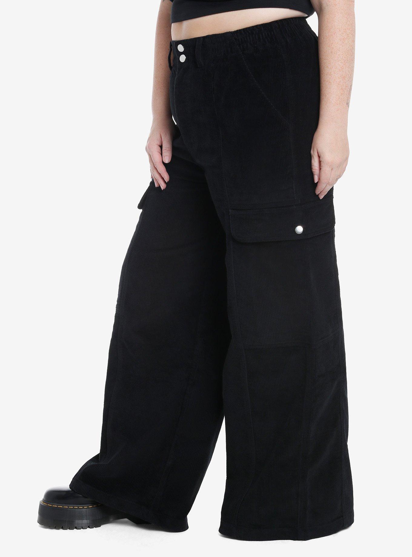 Black Corduroy Wide Leg Pants Plus Size, , alternate