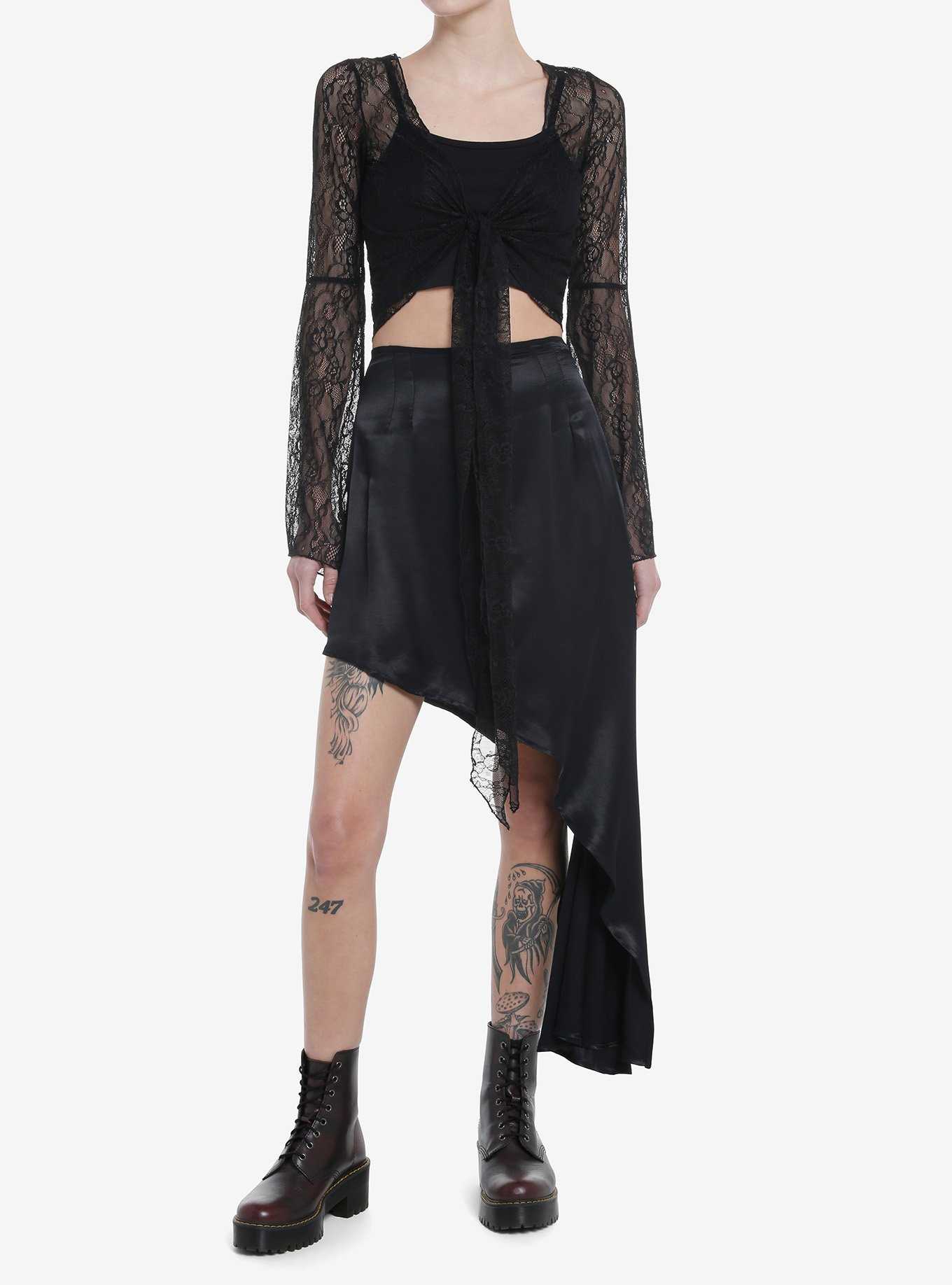 Cosmic Aura Black Lace Bell Sleeve Tie-Front Girls Top, , hi-res
