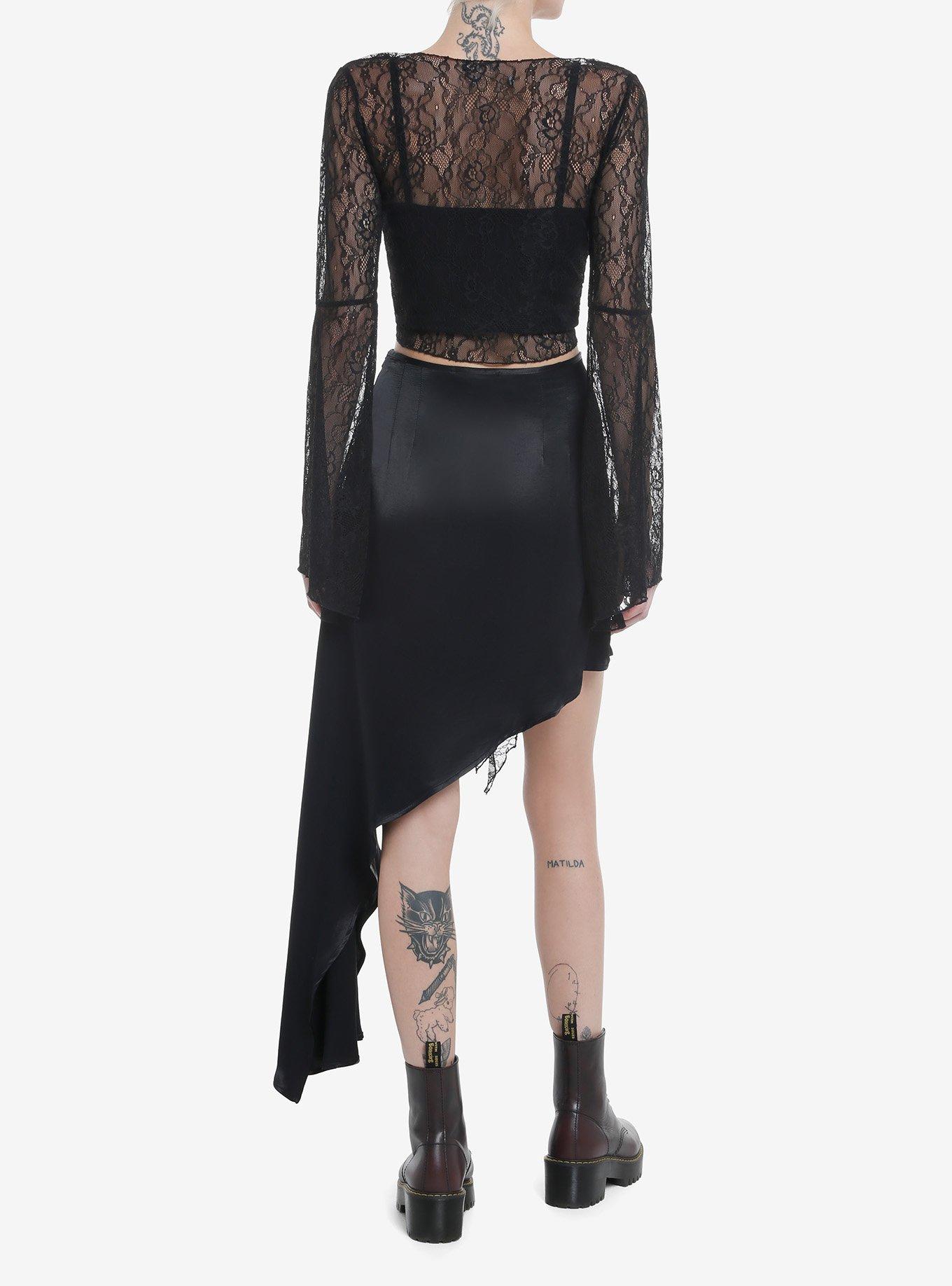 Cosmic Aura Black Lace Bell Sleeve Tie-Front Girls Top, BLACK, alternate