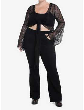 Cosmic Aura Black Lace Bell Sleeve Tie-Front Girls Top Plus Size, , hi-res