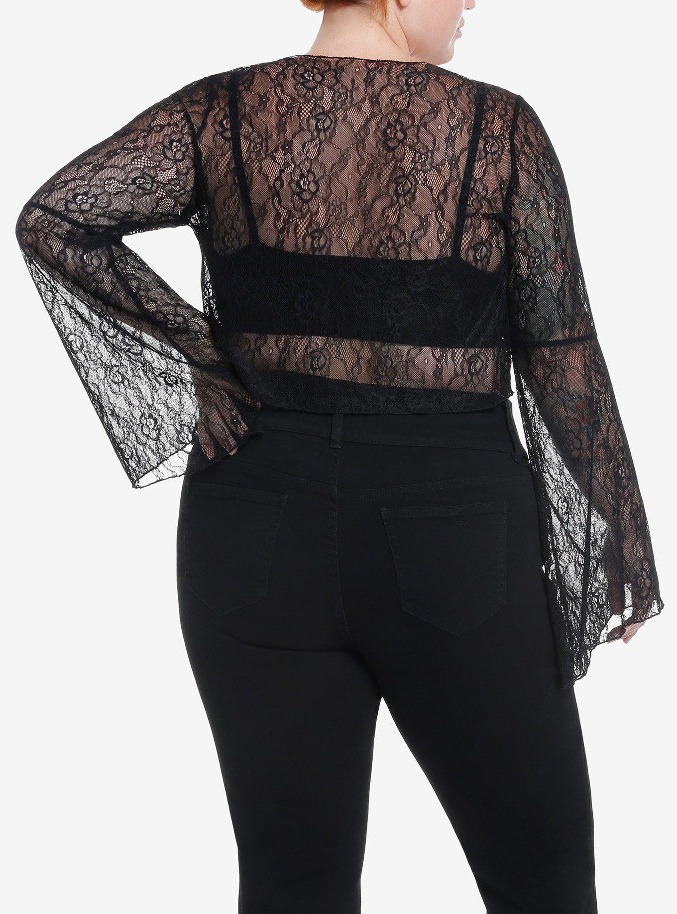 Cosmic Aura Black Lace Bell Sleeve Tie-Front Girls Top Plus Size, BLACK, alternate