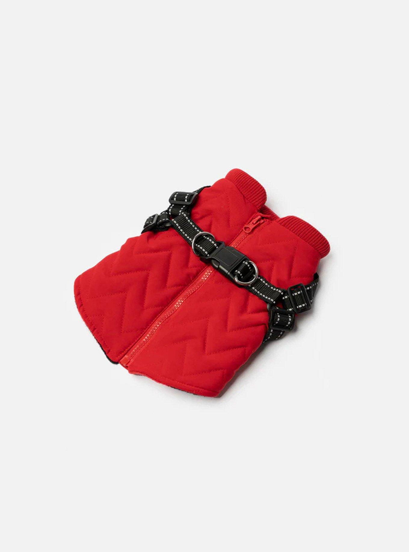 Quilted Dog Jacket With Built-In Harness Red, RED, alternate