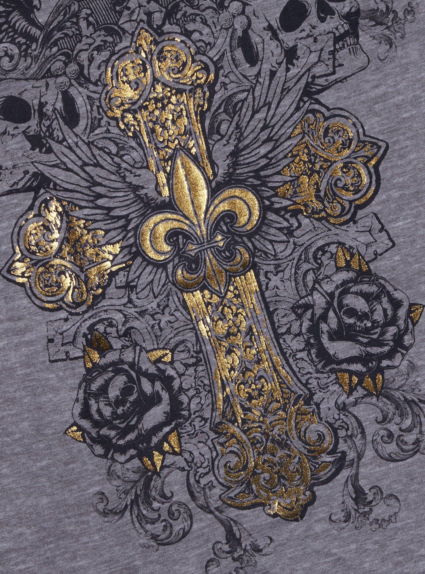 Gold Foil Cross & Skulls Burnout Boyfriend Fit Girls T-Shirt, MULTI, alternate