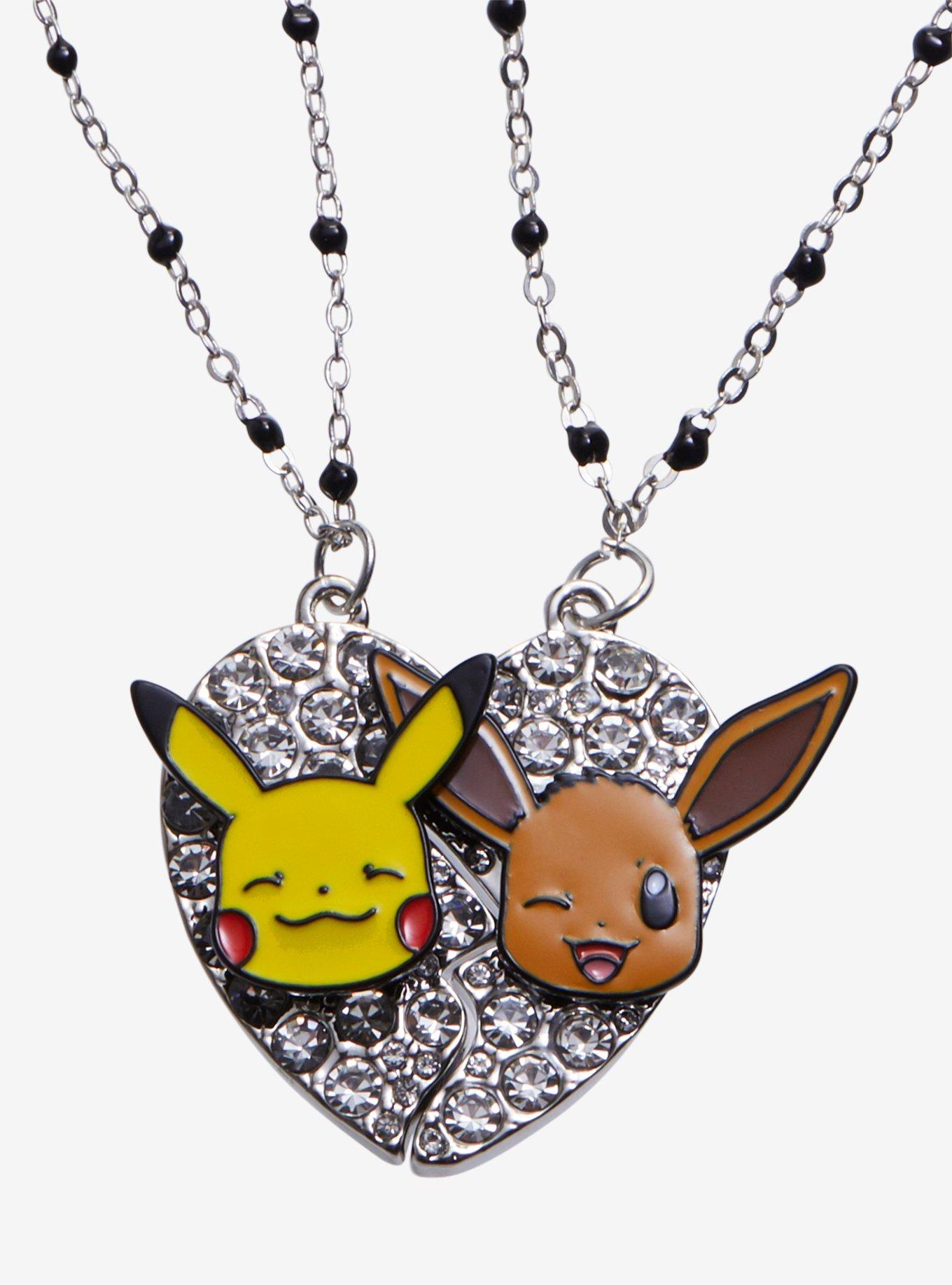 Pokemon Pikachu & Eevee Bling Heart Best Friend Necklace Set