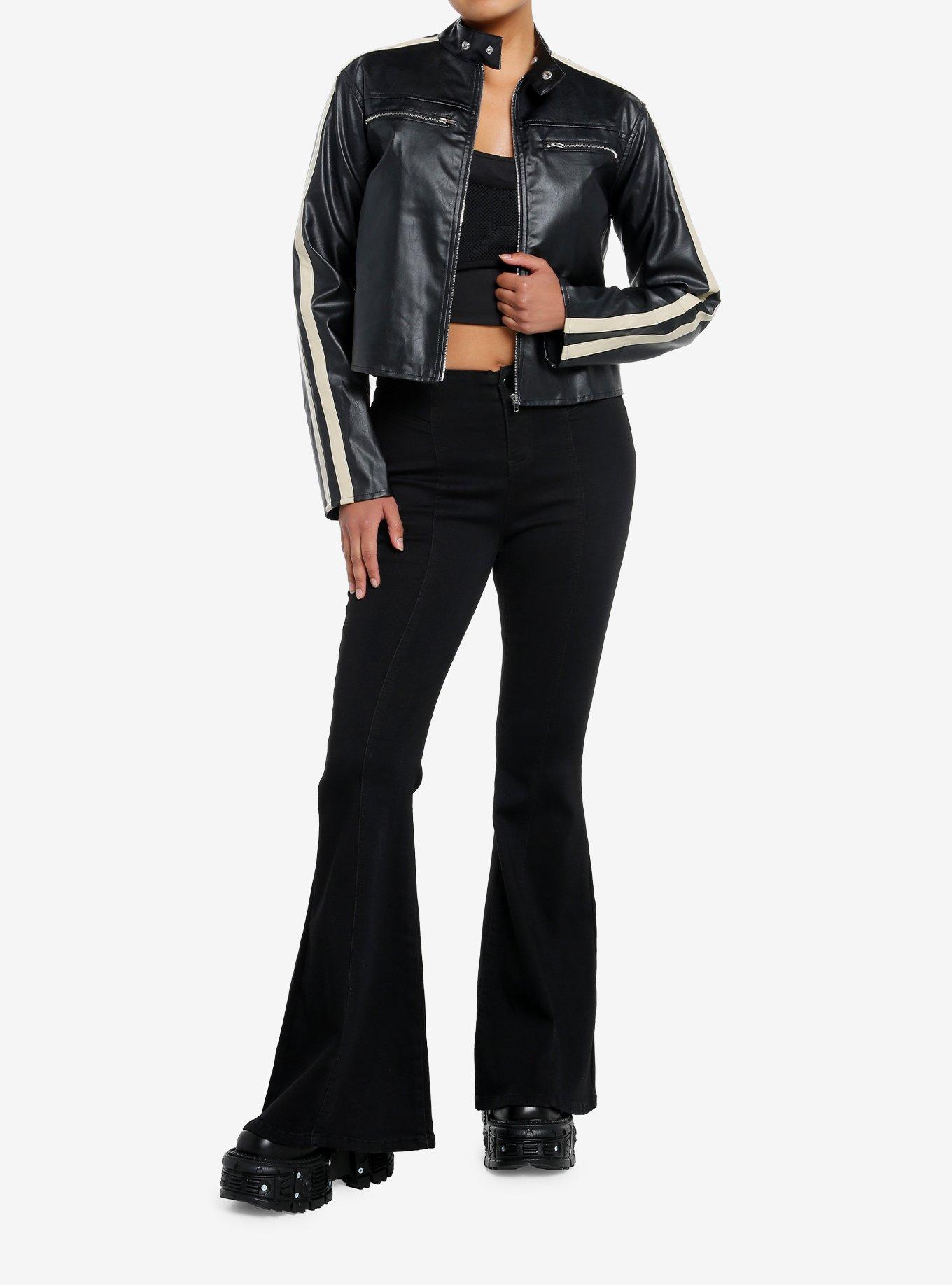 Black & Cream Stripe Faux Leather Girls Moto Jacket, CREAM, alternate