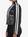 Black & Cream Stripe Faux Leather Girls Moto Jacket, CREAM, alternate