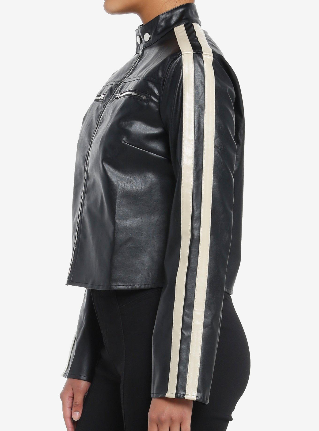 Black & Cream Stripe Faux Leather Girls Moto Jacket, CREAM, alternate