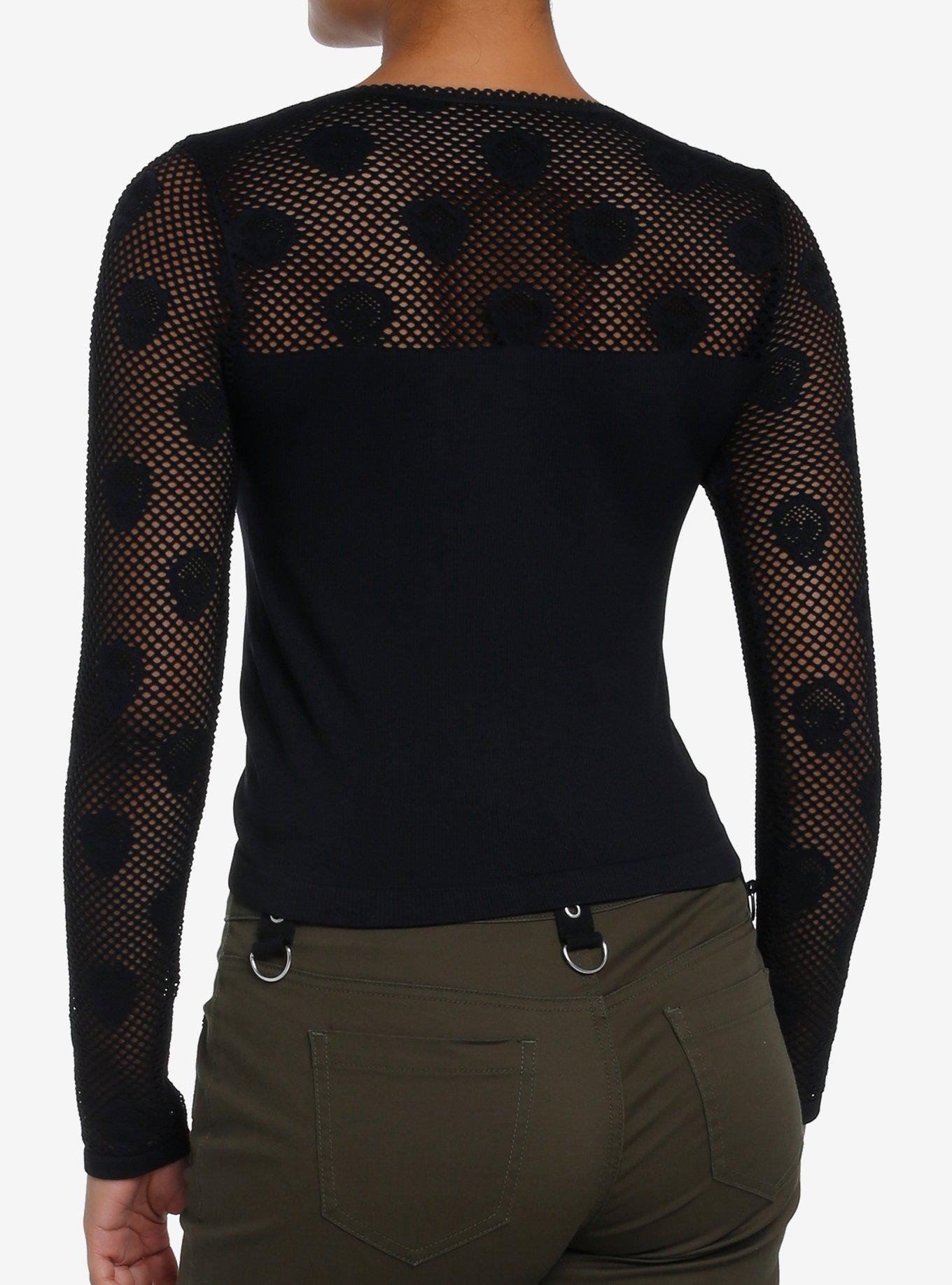 Black Skull Mesh Crop Girls Long-Sleeve Top, BLACK, alternate