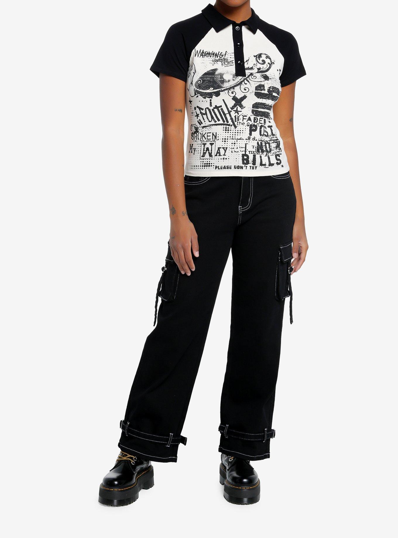 Social Collision Black & Cream Graffiti Collar Girls Top, , hi-res