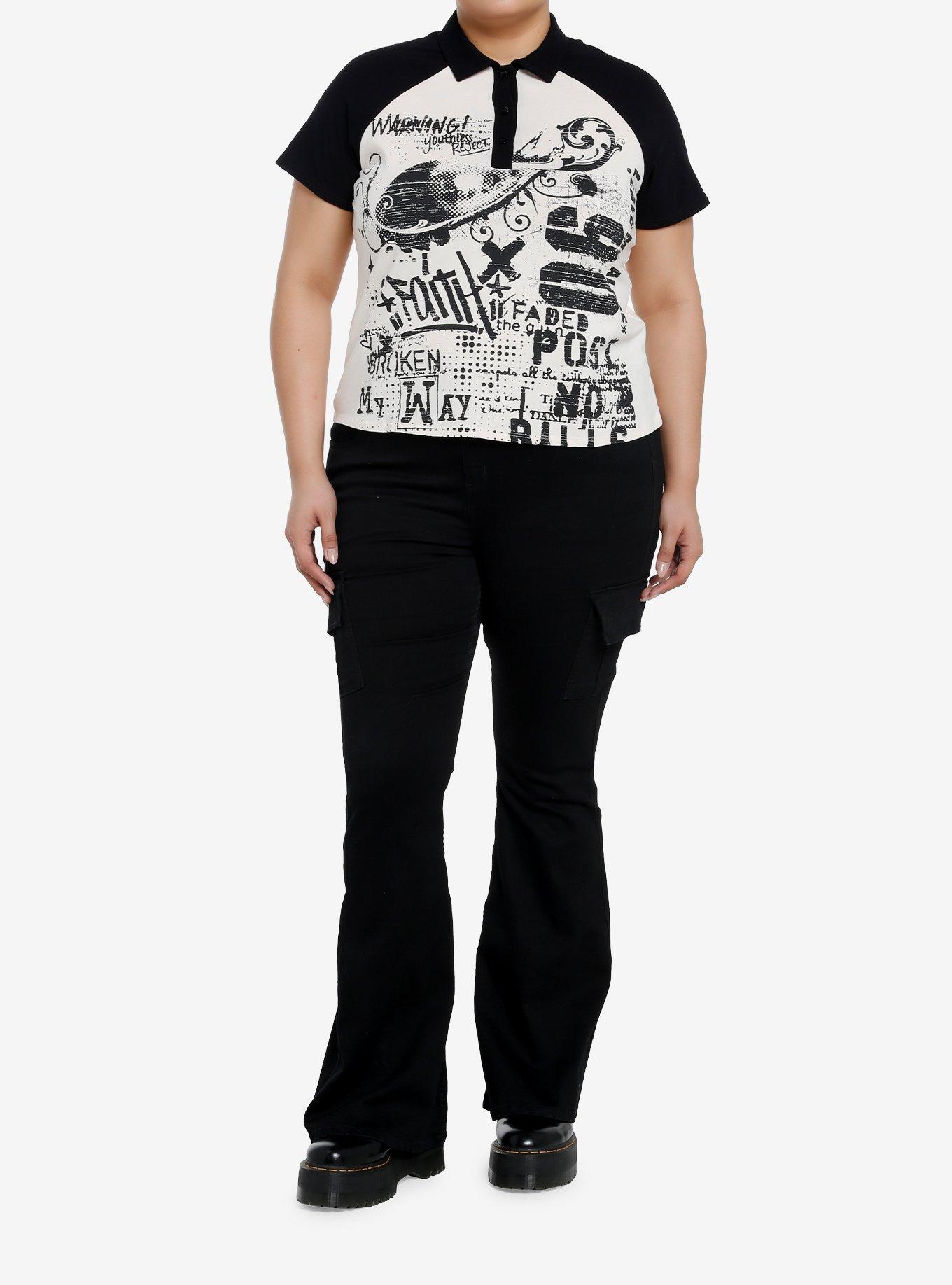 Black & Cream Graffiti Collar Girls Top Plus Size, , hi-res