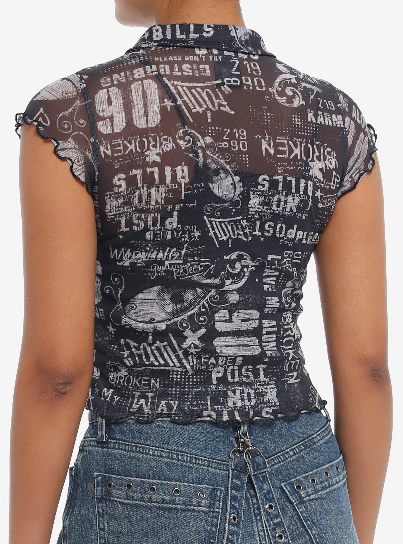 Social Collision® Newsprint Mesh Girls Button-Up Top, , alternate