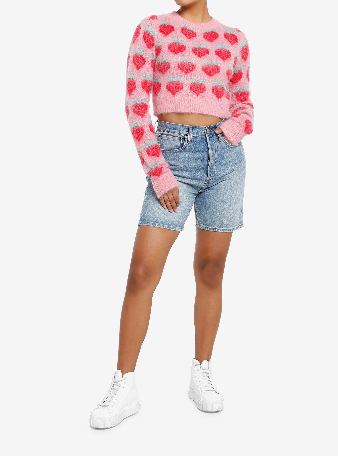 Pink & Red Strawberry Fuzzy Girls Crop Sweater, RED, alternate