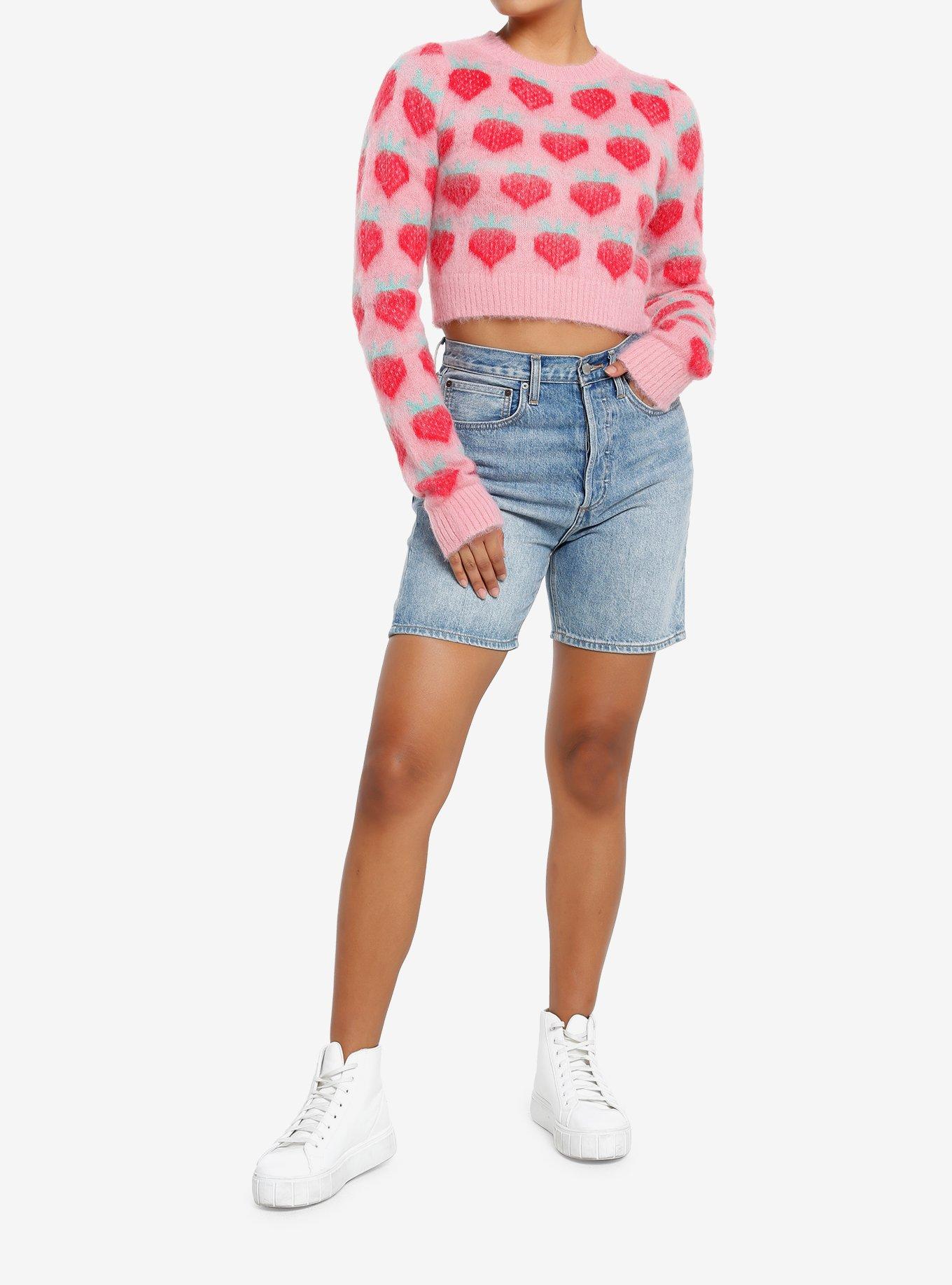 Pink & Red Strawberry Fuzzy Girls Crop Sweater, , hi-res