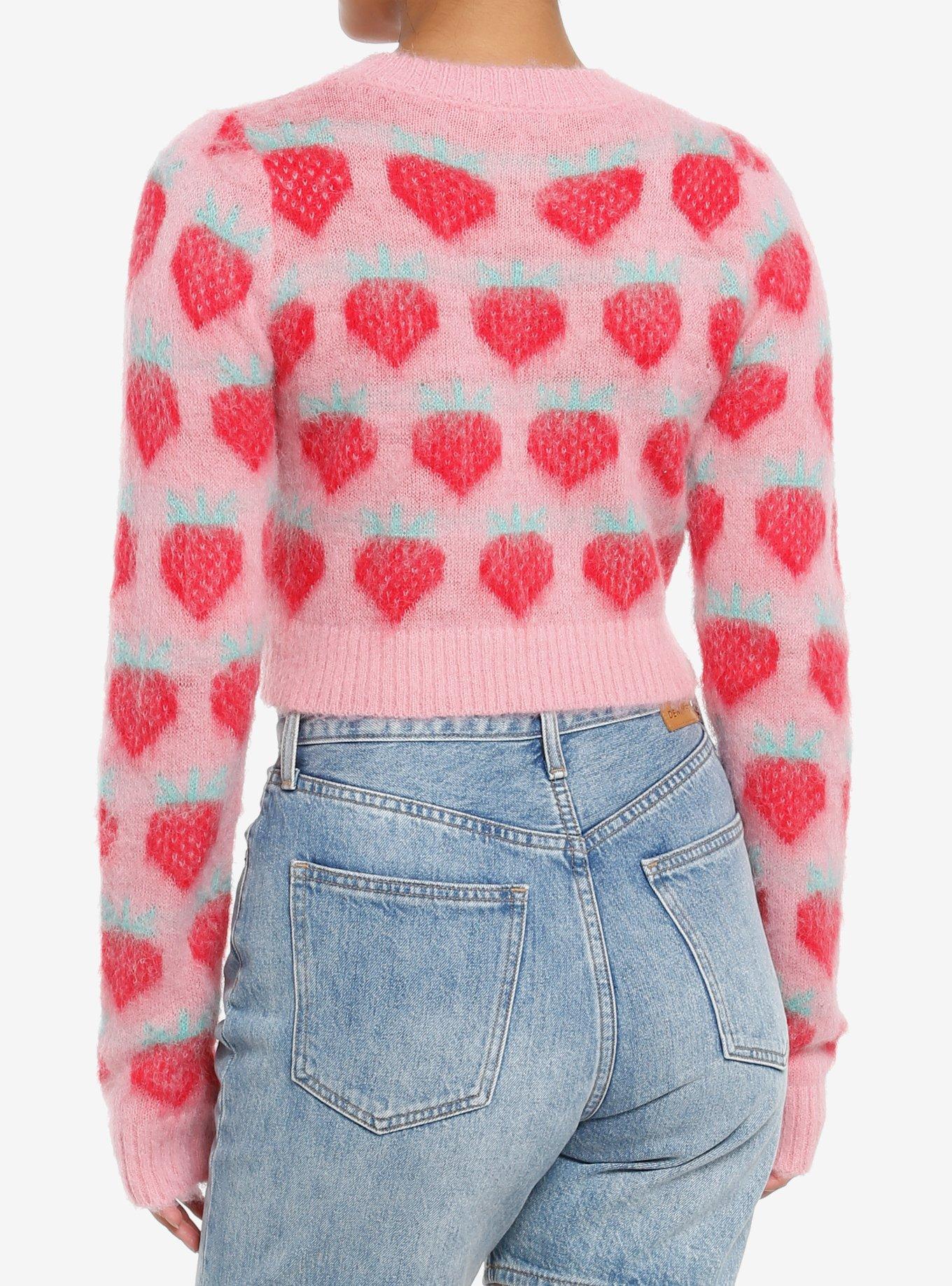 Pink & Red Strawberry Fuzzy Girls Crop Sweater, RED, alternate