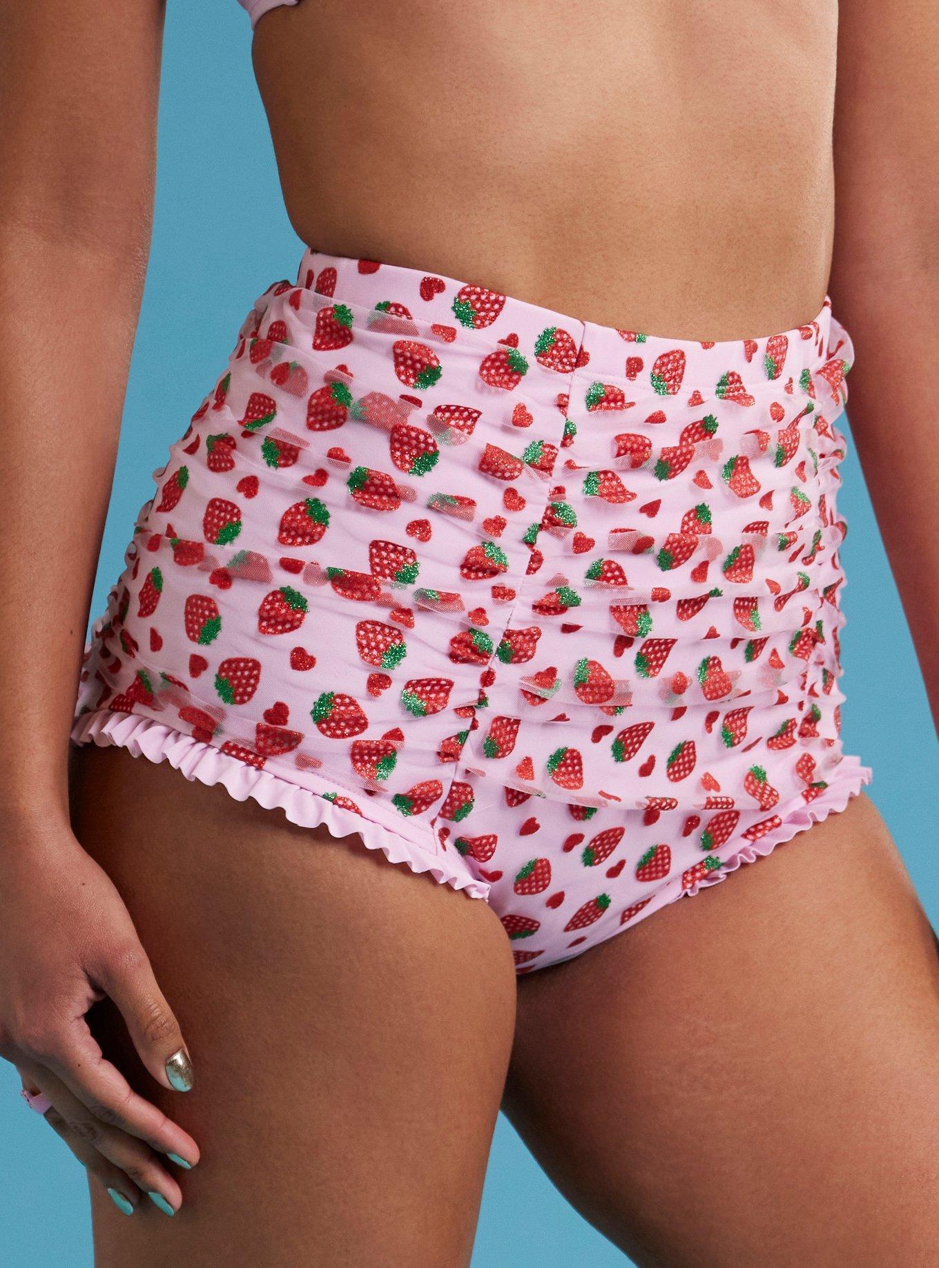 Strawberry Heart Mesh High-Waisted Swim Bottoms
