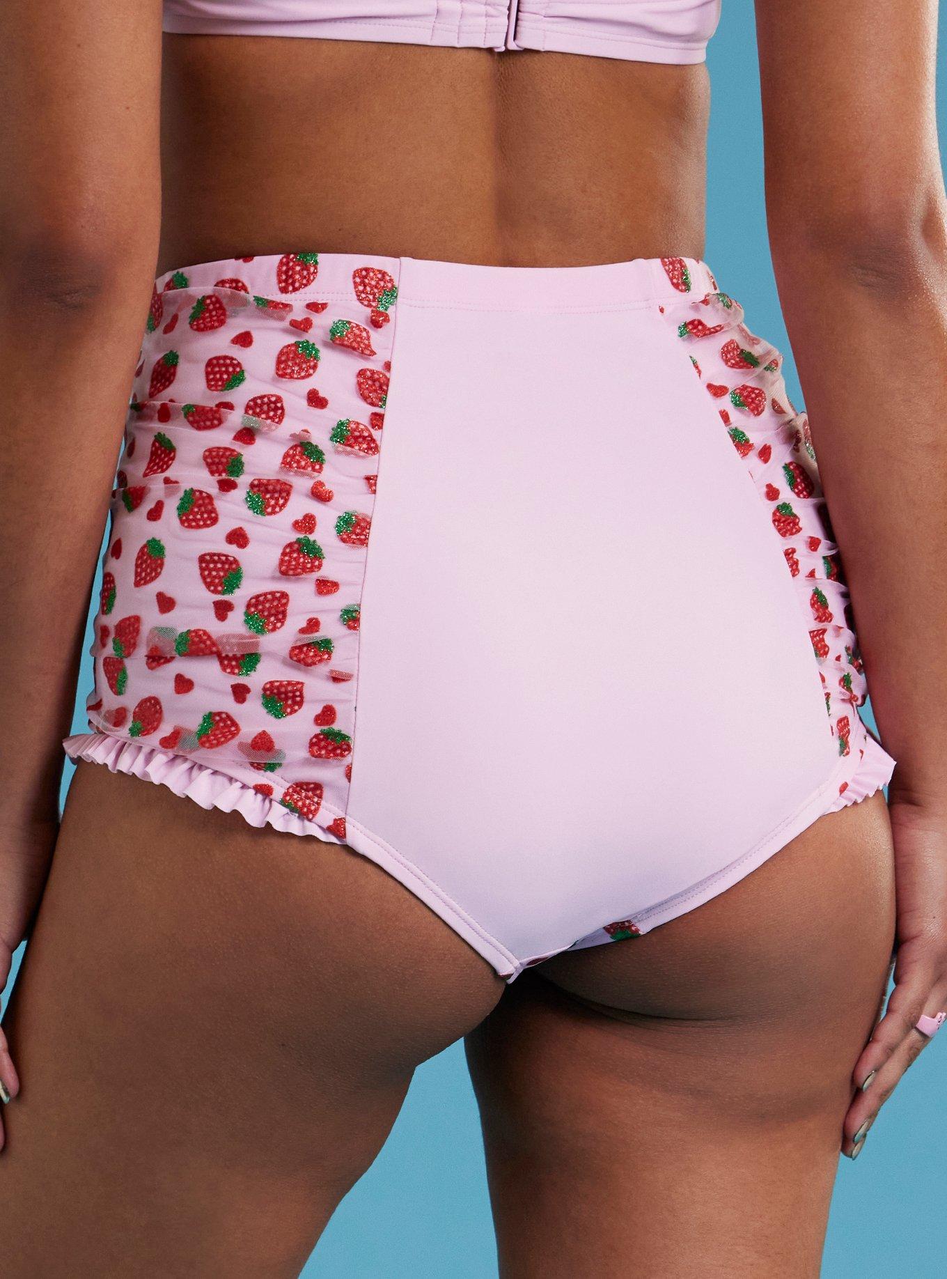 Strawberry Heart Mesh High-Waisted Swim Bottoms