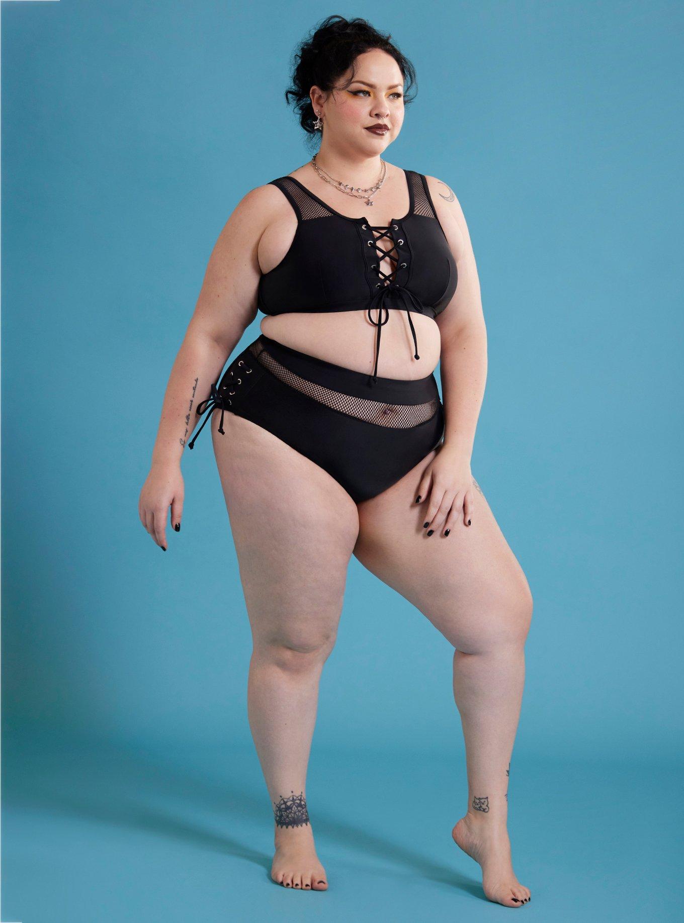 Black Mesh Lace-Up Swim Top Plus Size, , hi-res