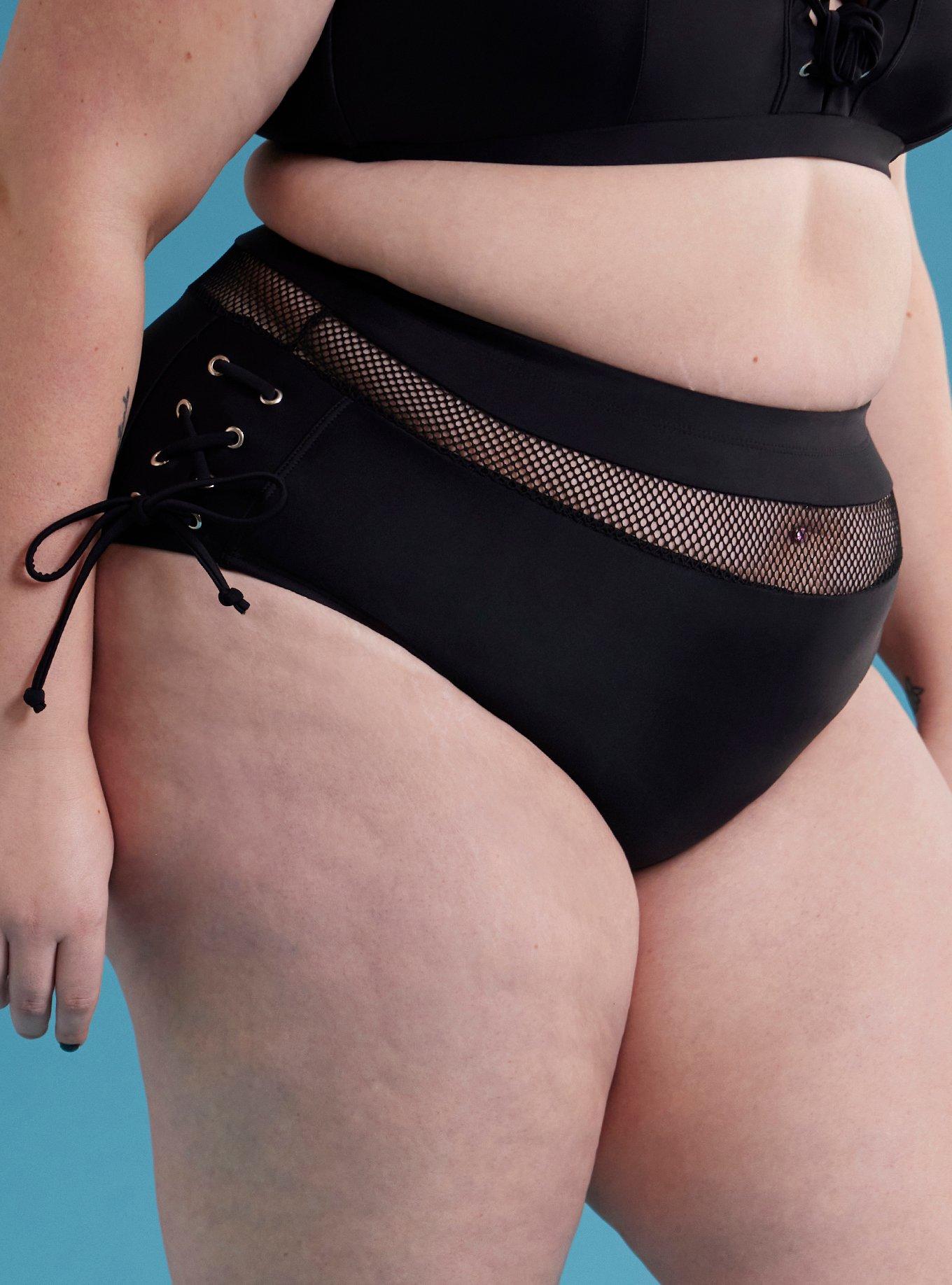 Black Mesh Lace-Up Swim Bottoms Plus Size, , hi-res