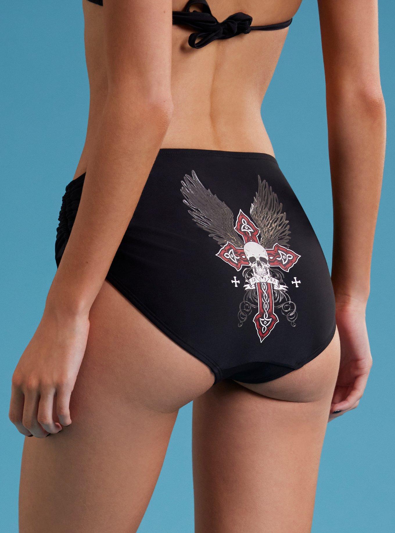 Skull Cross Wings Ruched Swim Bottoms, MULTI, alternate