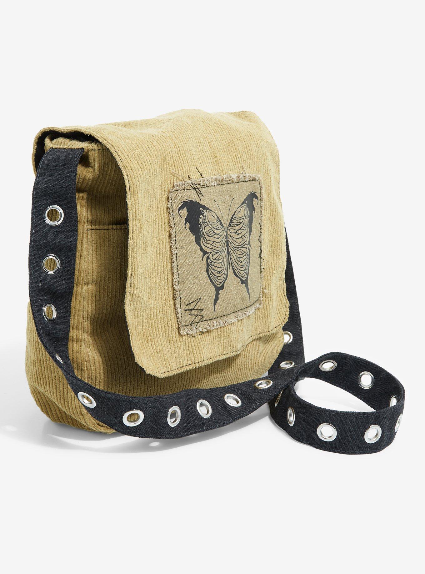 Butterfly Skeleton Corduroy Grommet Strap Messenger Bag, , alternate