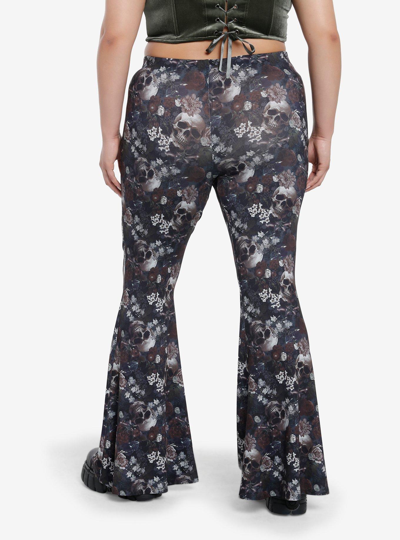 Skulls & Flowers Bell Bottom Pants Plus Size, , hi-res