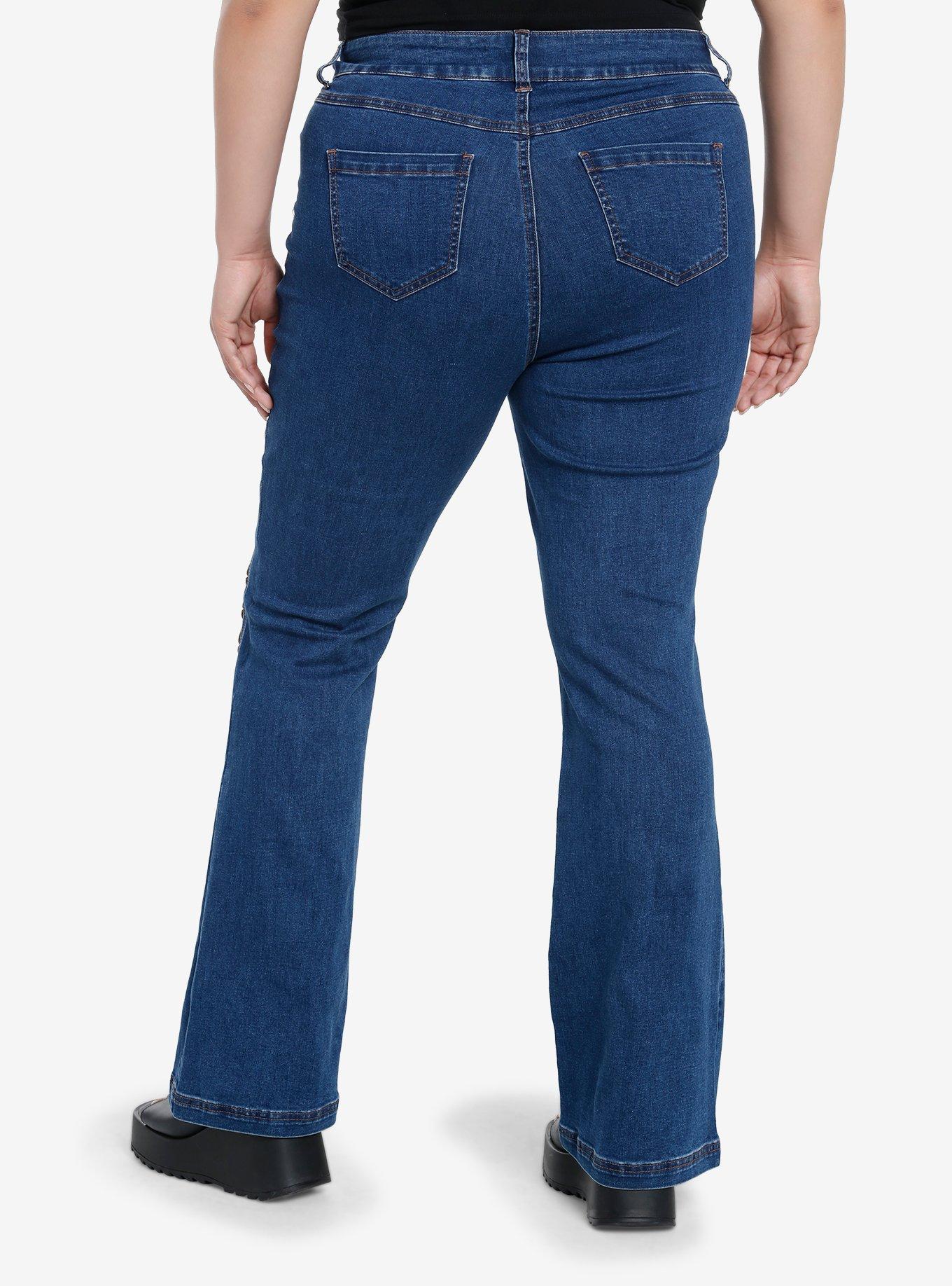 Dark Indigo Brown Lace-Up Girls Flare Jeans Plus Size, , hi-res