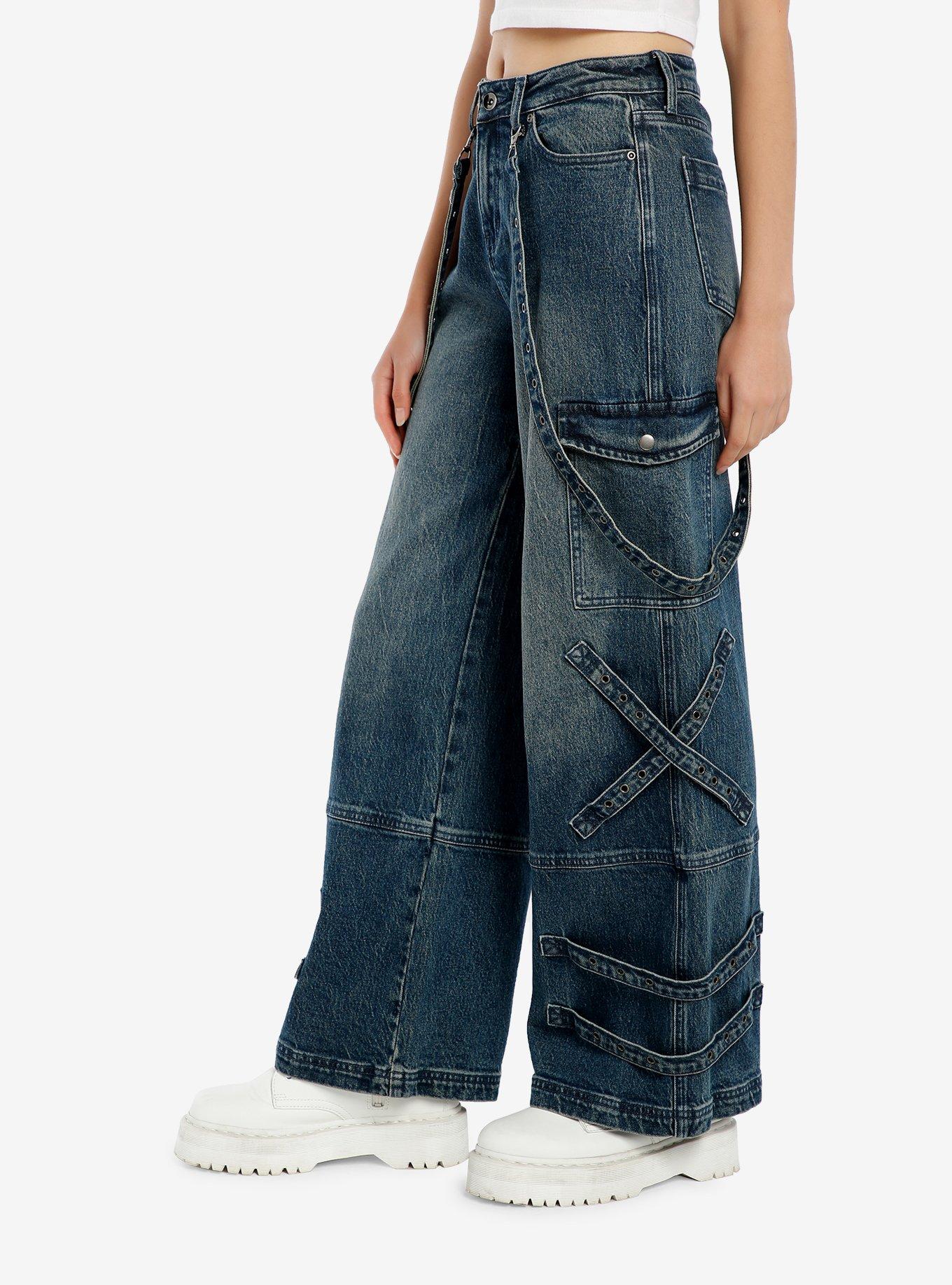 Washed Indigo Denim Harness Wide-Leg Jeans, INDIGO, alternate