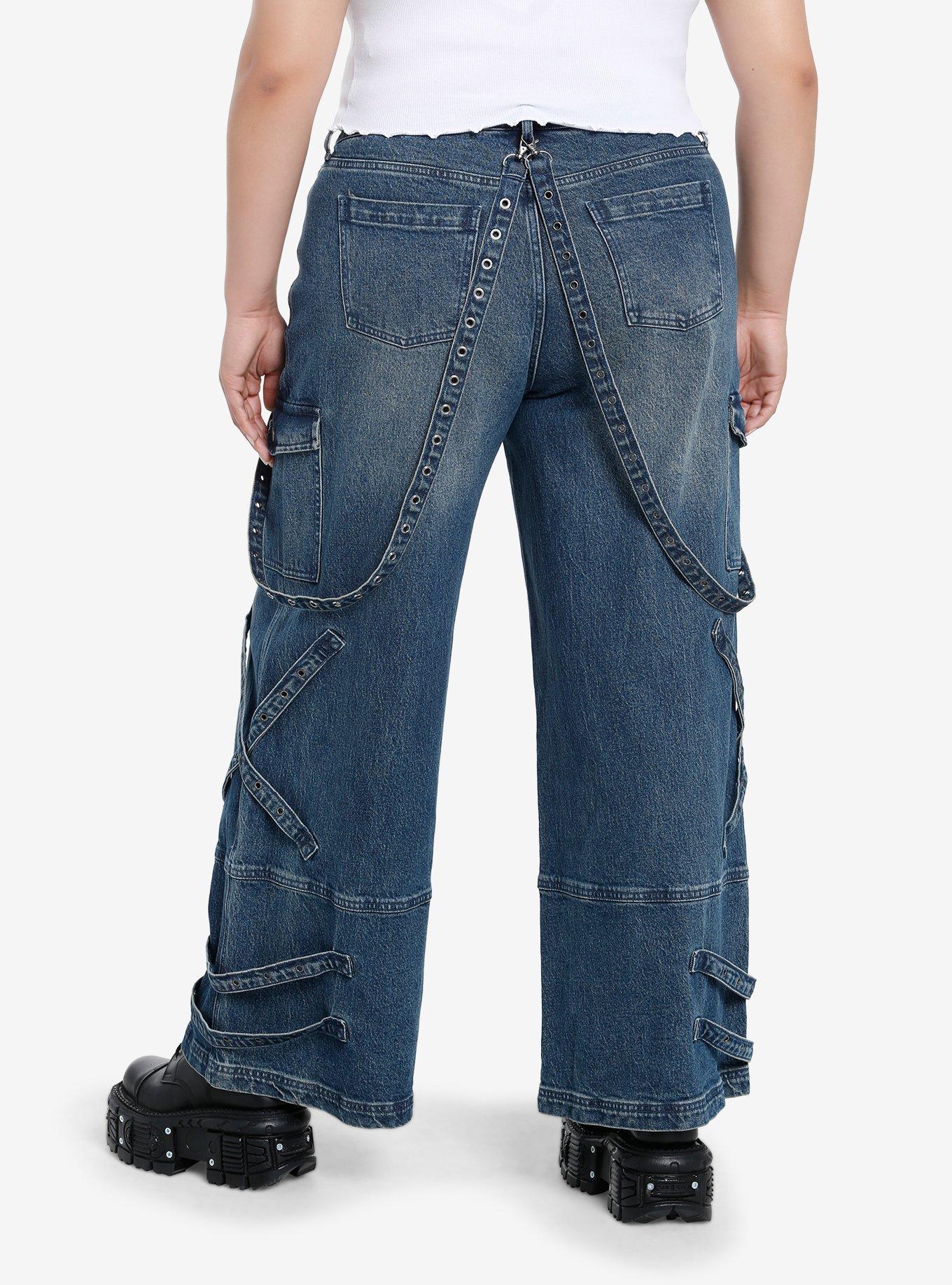 Indigo Wash Grommets & Straps Harness Girls Wide-Leg Jeans Plus Size, INDIGO, alternate