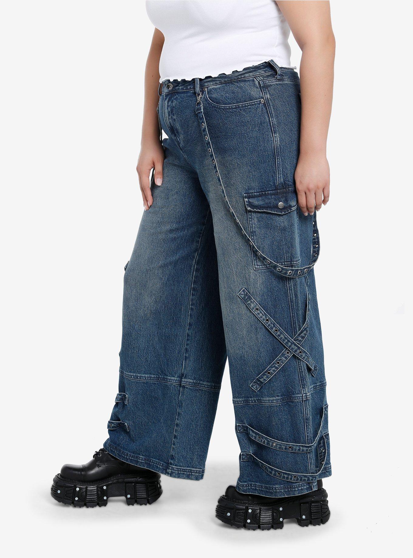 Indigo Wash Grommets & Straps Harness Girls Wide-Leg Jeans Plus Size, INDIGO, alternate