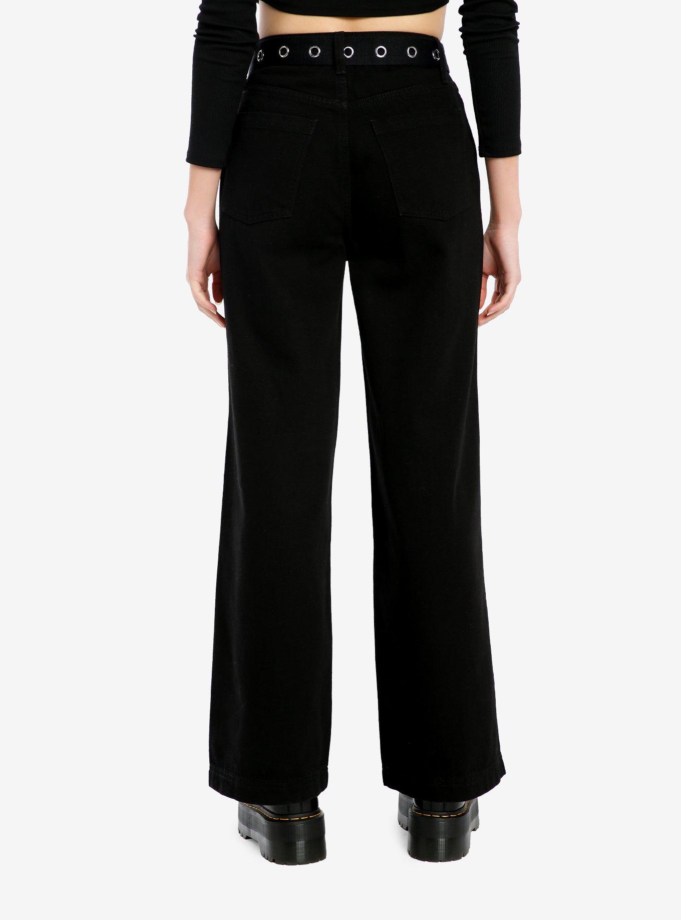 Black Skull Icons Belted Wide-Leg Jeans, , alternate