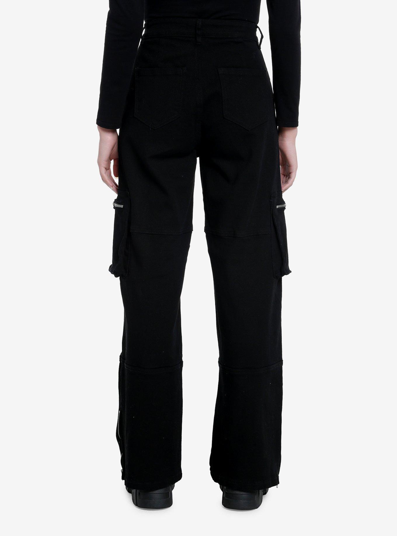 Black Zipper Wide Leg Cargo Pants, , hi-res