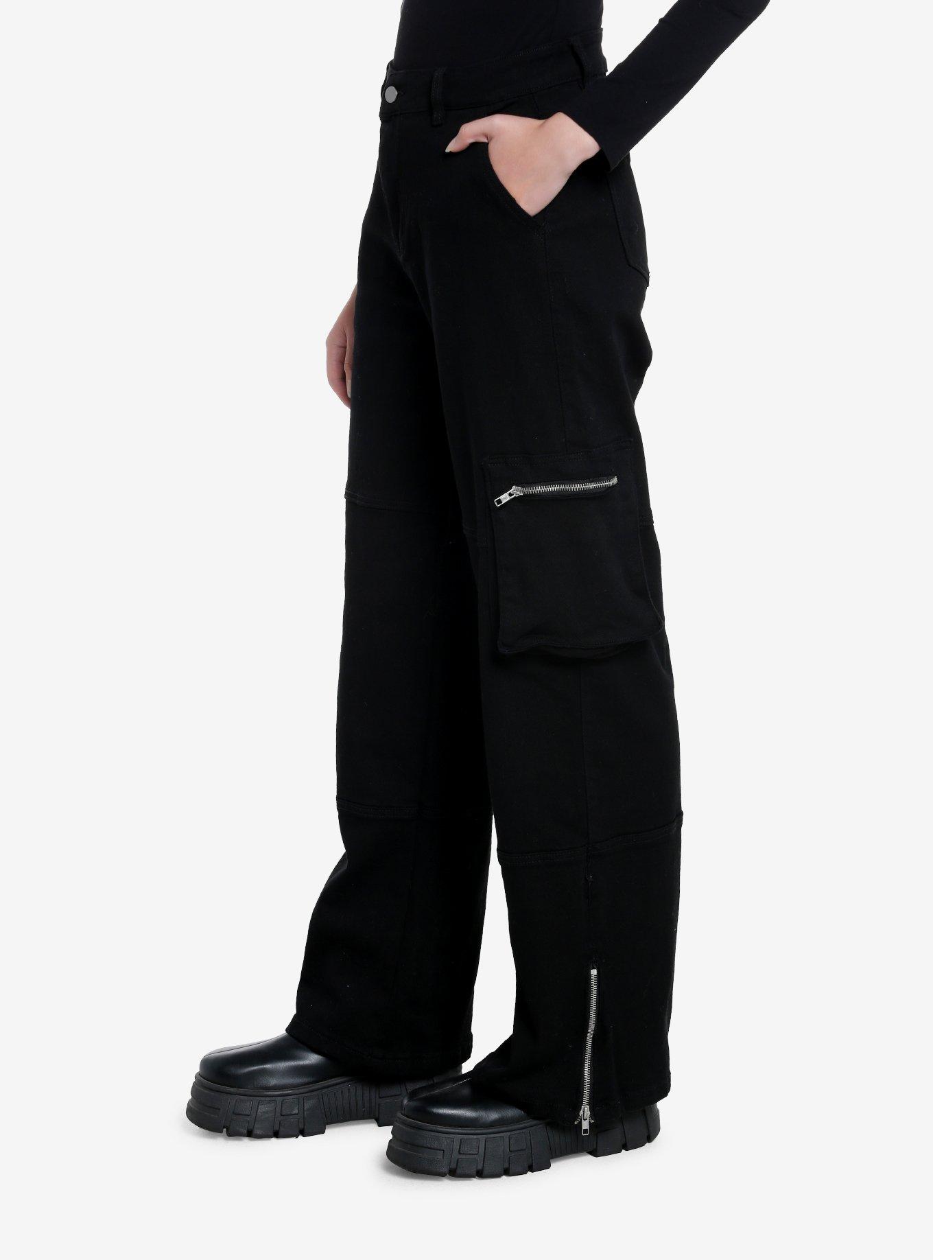 Black Zipper Wide Leg Cargo Pants, BLACK, alternate