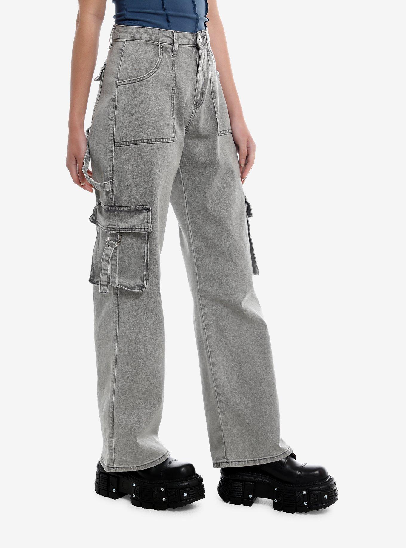 Grey Washed Cargo Wide Leg Girls Jeans
