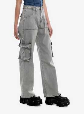 Grey Washed Cargo Wide Leg Girls Jeans, , hi-res