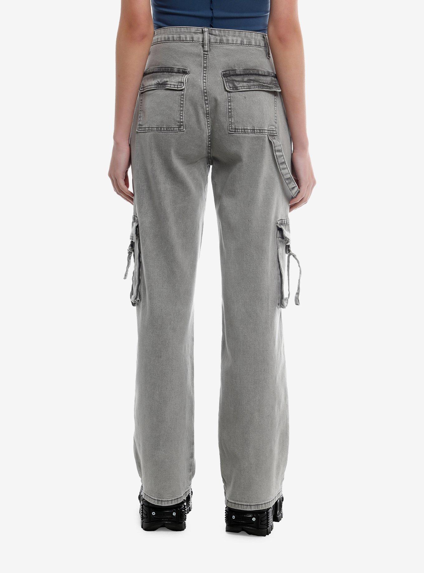 Grey Washed Cargo Wide Leg Girls Jeans