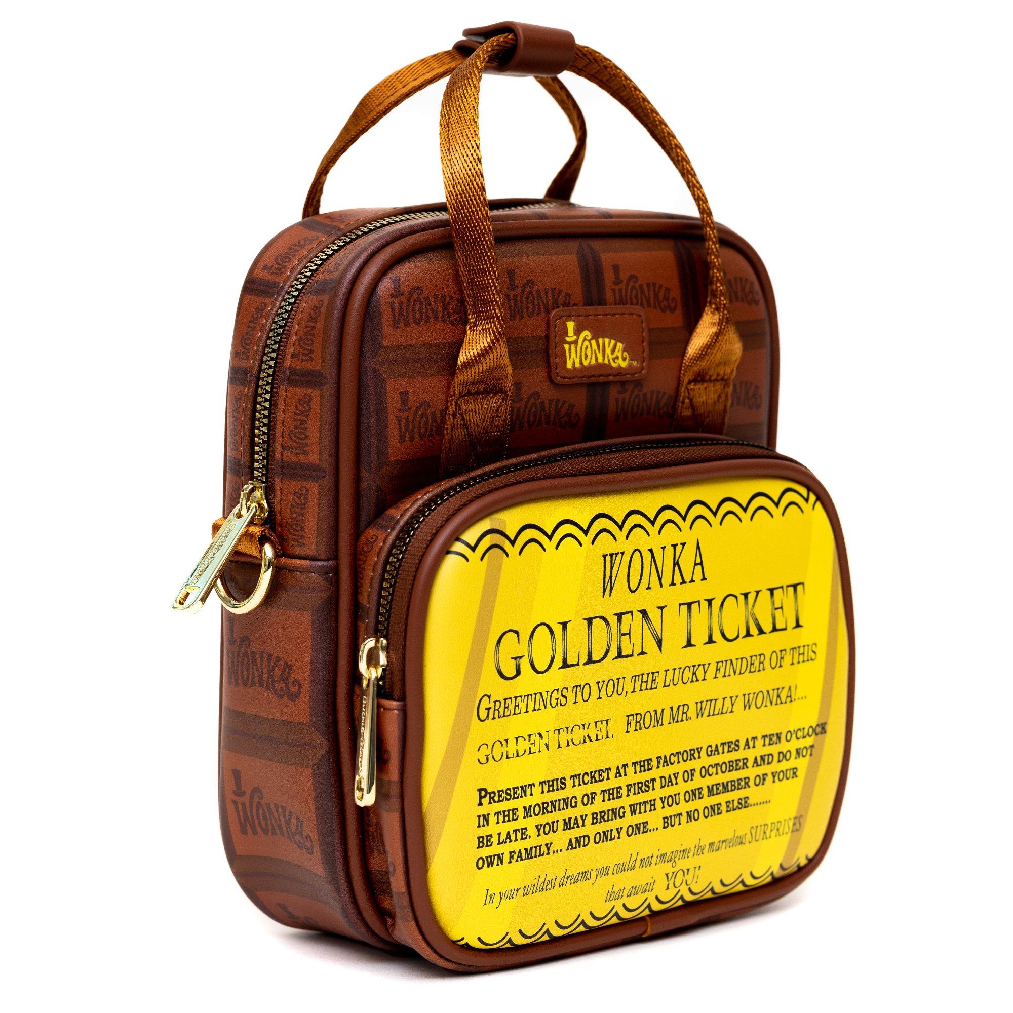 Willy Wonka Golden Ticket Text And Wonka Bar Print Browns Crossbody Bag, , alternate