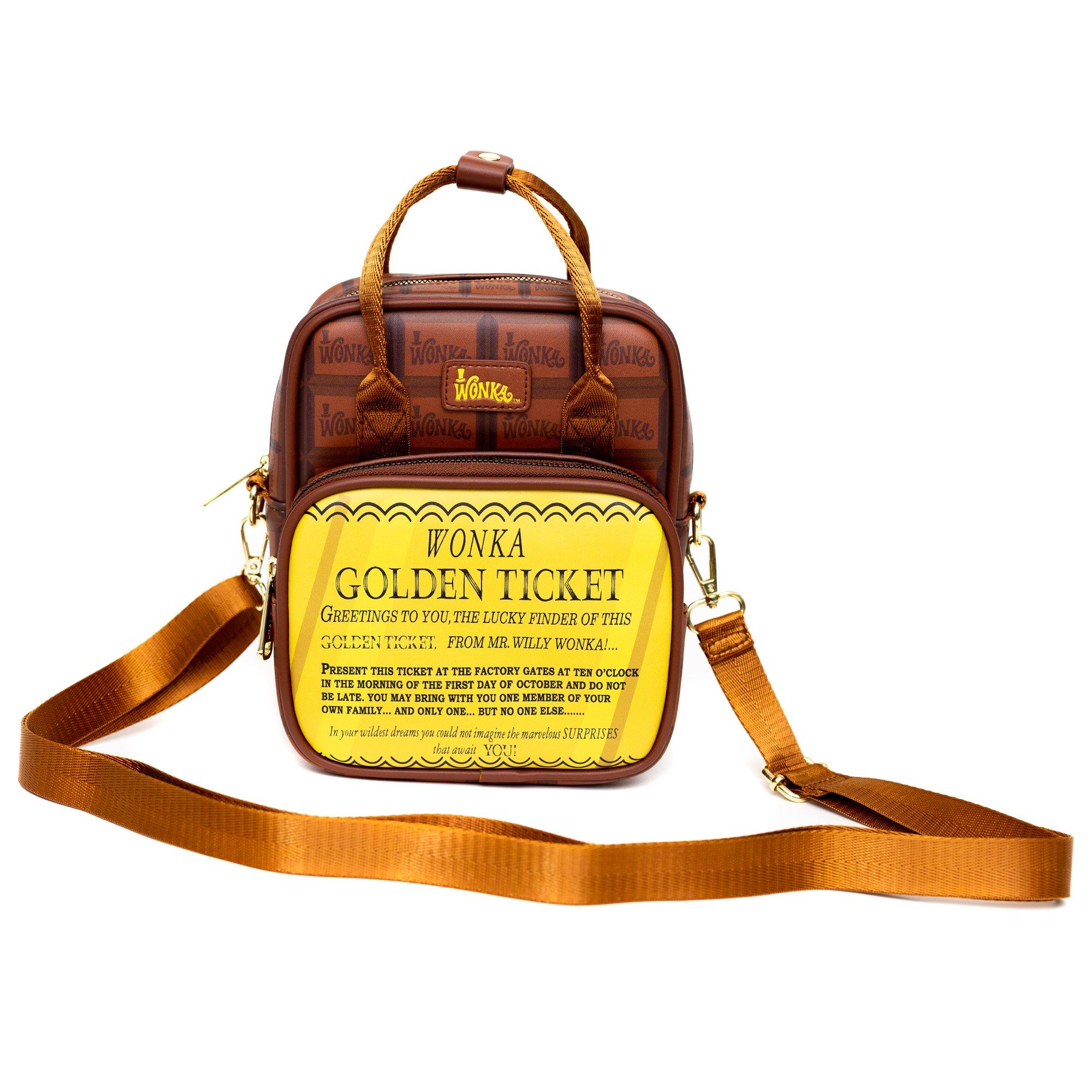 Willy Wonka Golden Ticket Text And Wonka Bar Print Browns Crossbody Bag, , alternate