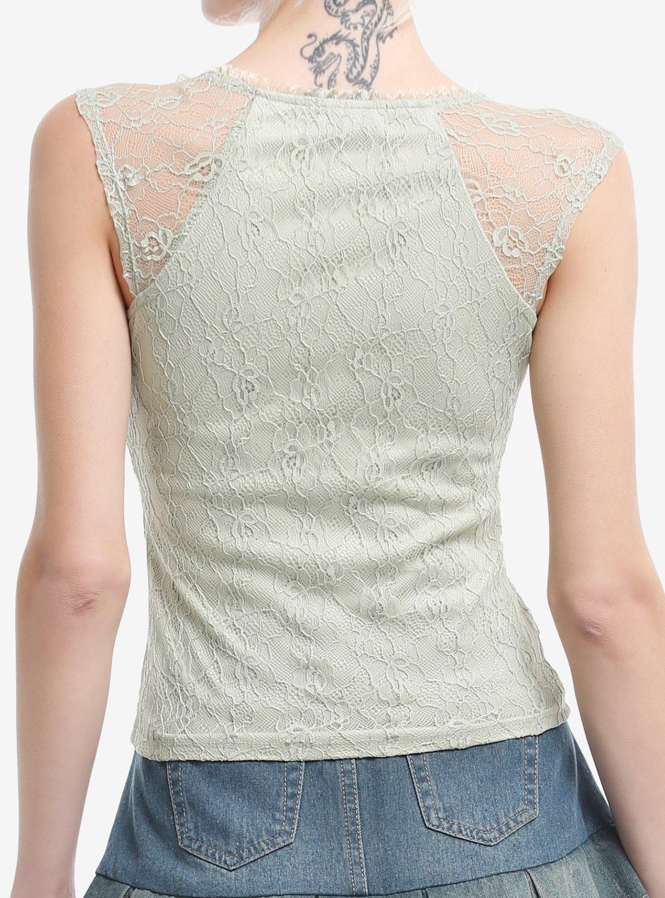 Thorn & Fable Light Green Lace Sweetheart Top, GREEN, alternate
