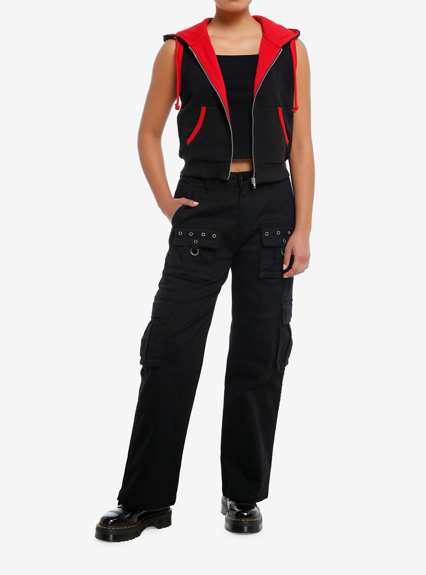 Daisy Street Red & Black Girls Crop Sleeveless Hoodie