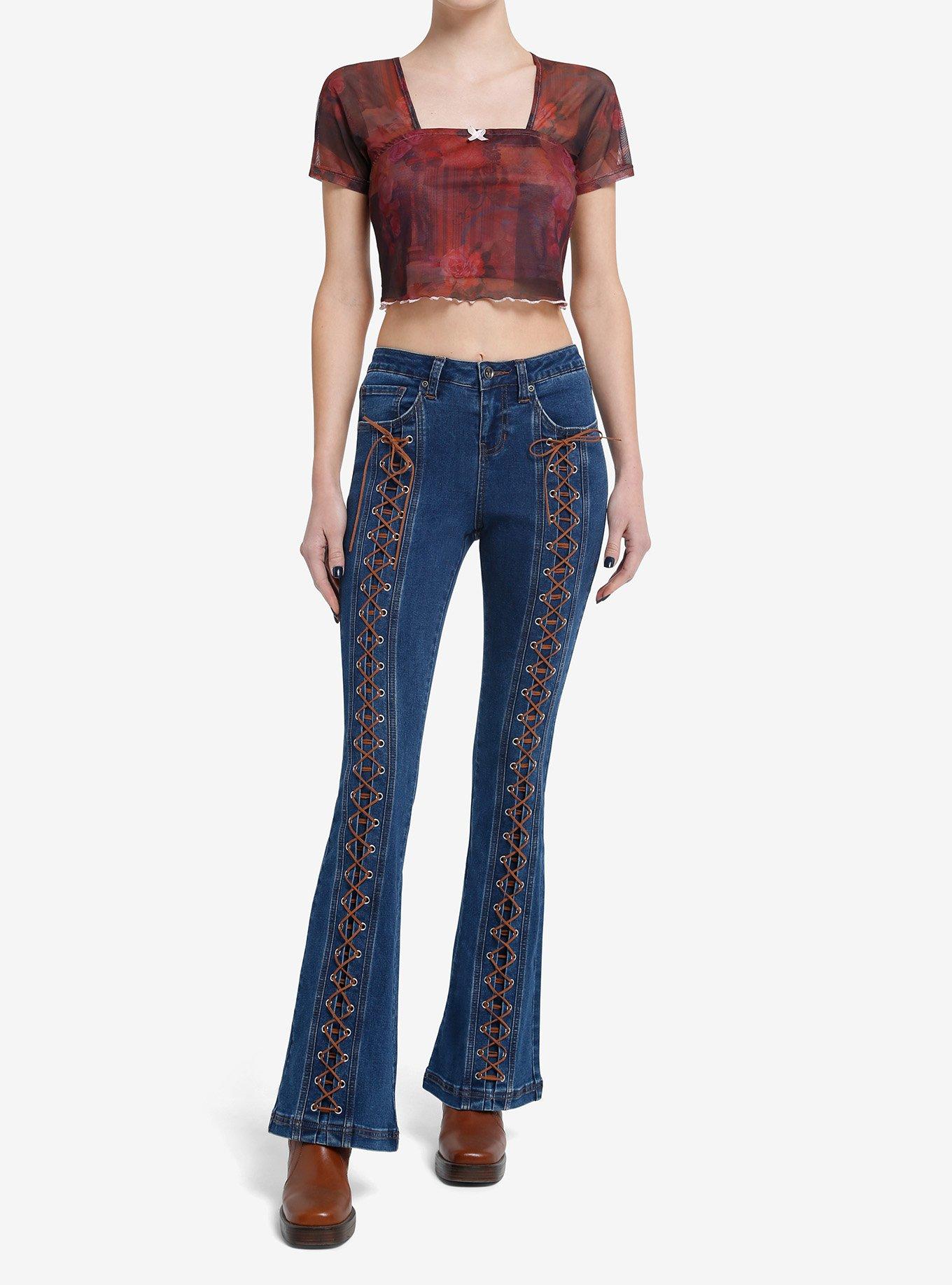 Social Collision Red & Black Rose Butterfly Mesh Girls Crop Top, , hi-res