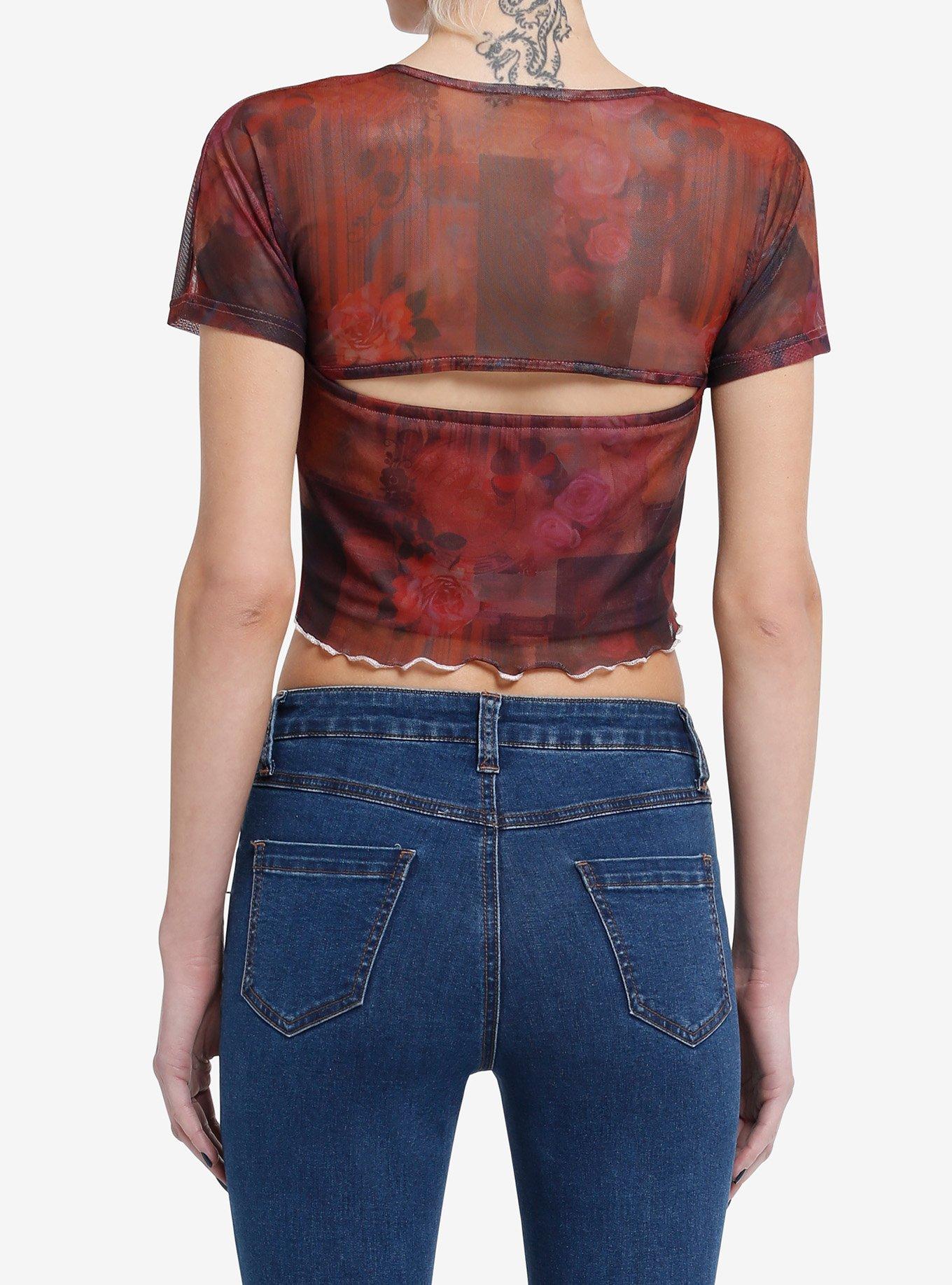 Red & Black Rose Butterfly Mesh Crop Girls Top, BLACK, alternate
