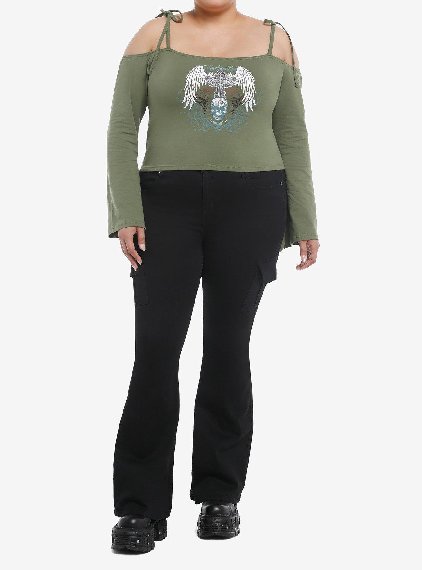 Winged Skull Bell Sleeve Girls Cold Shoulder Top Plus Size, , hi-res