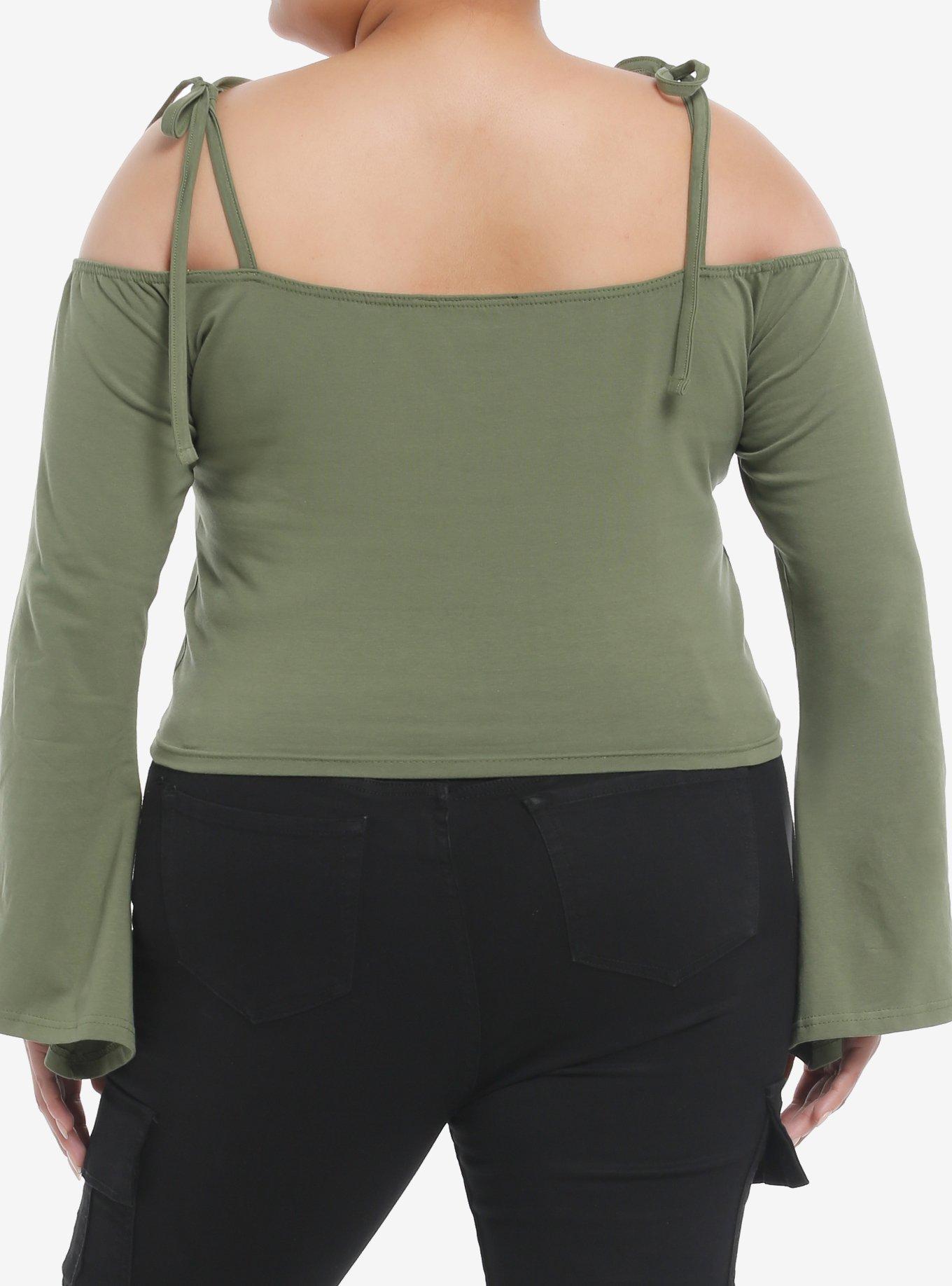 Winged Skull Bell Sleeve Girls Cold Shoulder Top Plus Size, , alternate