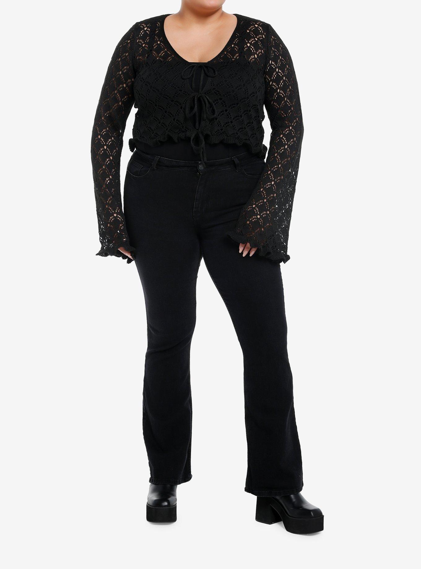 Cosmic Aura Black Knit Ruffle Girls Crop Cardigan Plus Size, BLACK, alternate